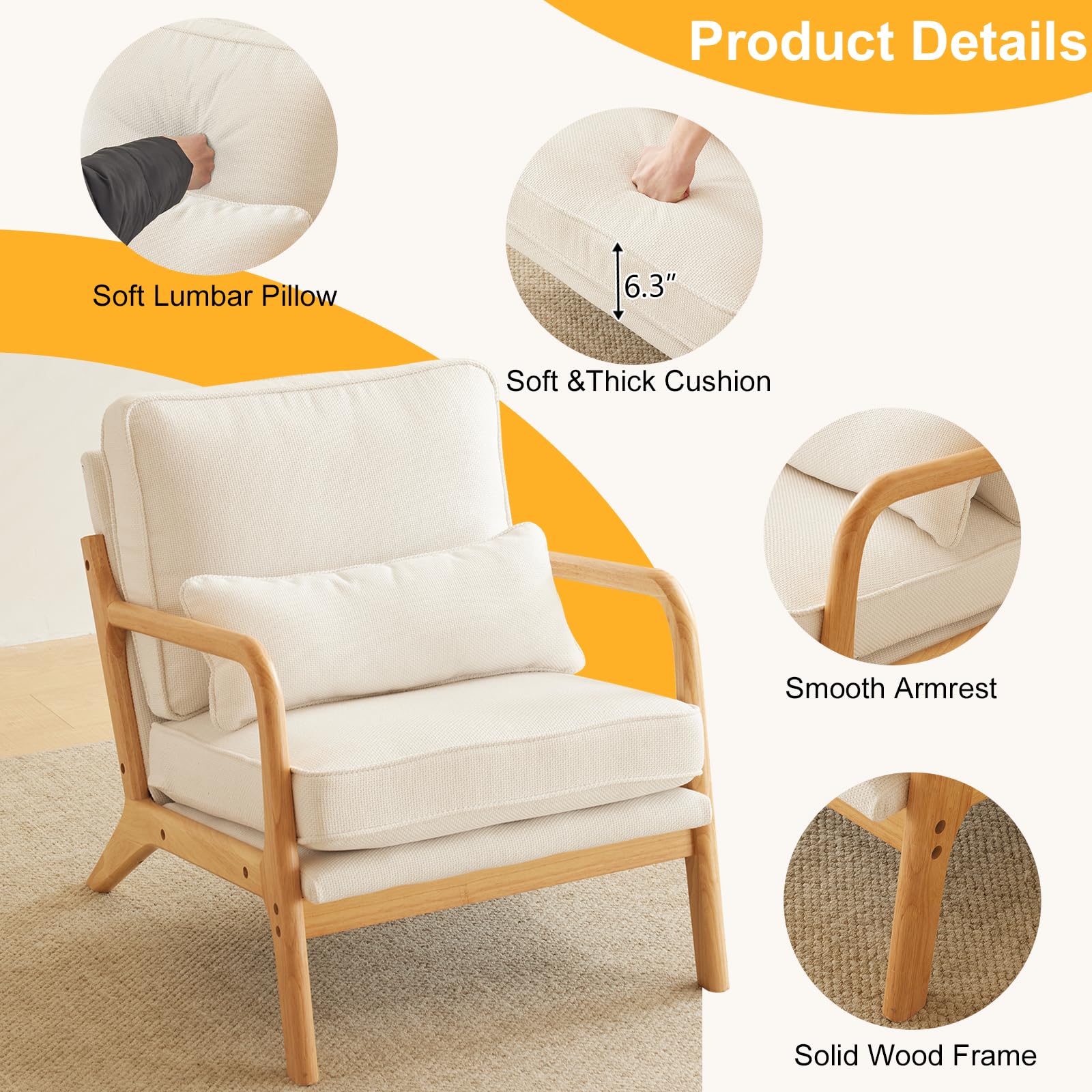 Bonnlo Mid Century Modern Accent Chairs Set of 2 - Beige Upholstered Lounge Chairs with Solid Wood Legs for Living Room, Bedroom, Guest Room | Perfect for Reading Nooks, Farmhouse Decor & Cozy Sitting Areas
