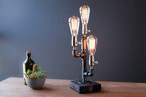 Vintage Industrial Steampunk Table Pipe Lamp with Classic Edison Bulb & Wood Base - Perfect for Home Office, Study Room, Cafe and Industrial Decor