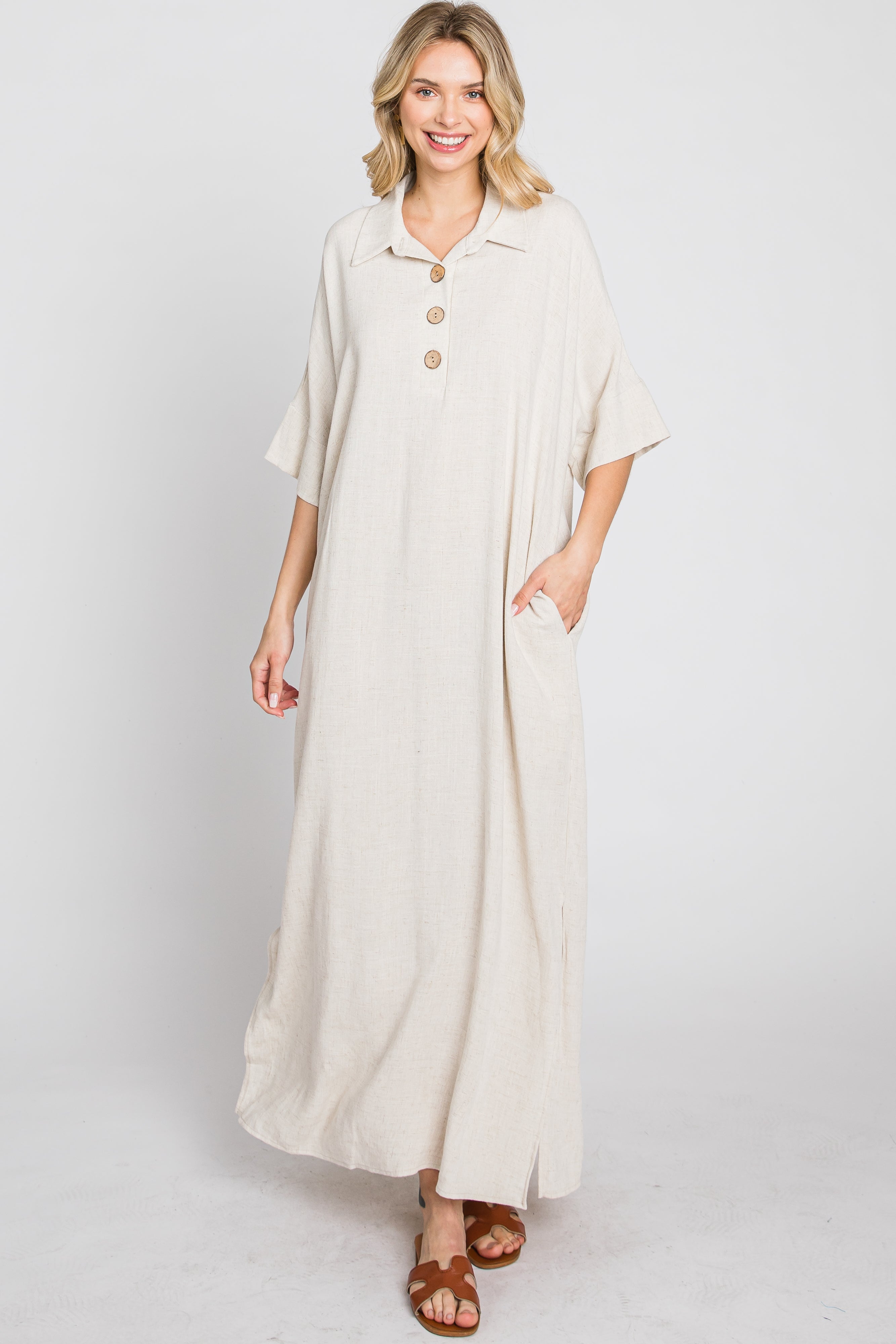 Beige Collared Linen Maxi Dress for Women - Summer Casual Long Dress with V-Neck & Pockets - Perfect for Beach, Vacation & Boho Style Outfits