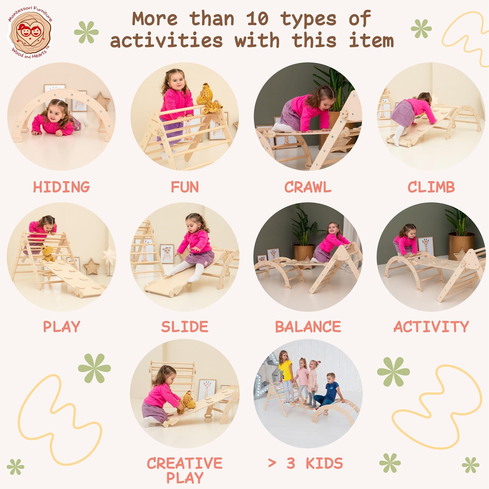 Wooden Climbing Triangle Gym for Toddlers - 3-in-1 Montessori Climbing Set with Ramp & Slide - Natural Wood Baby Activity Gym for Indoor Play, Physical Development & Sensory Exploration (Standard Size)