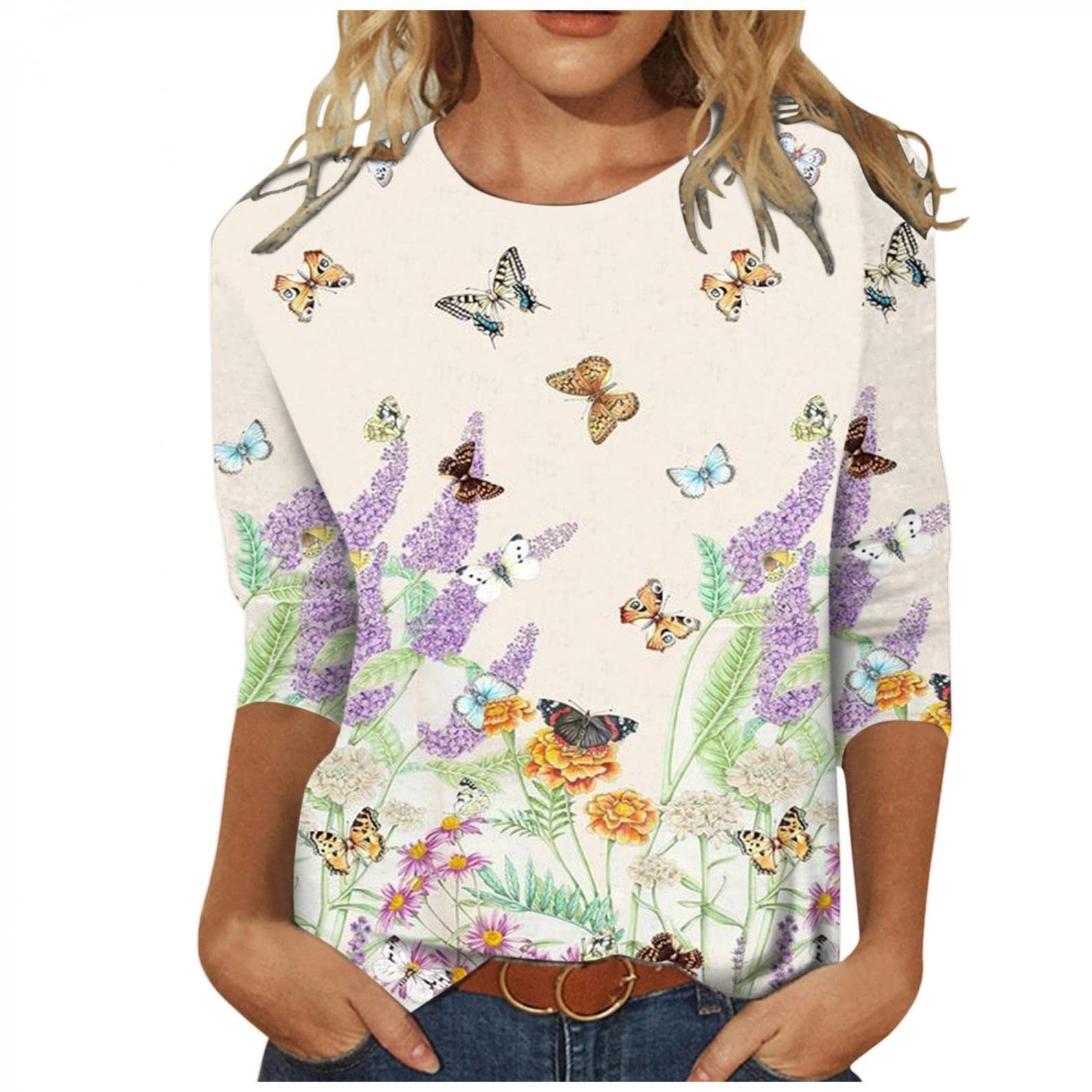 FABIURT Women's Summer Tops - Trendy 3/4 Sleeve Floral Tunic Shirt, Casual Loose Blouse with O-Neck for Women | Perfect for Beach Outings, Summer Vacations & Casual Office Wear