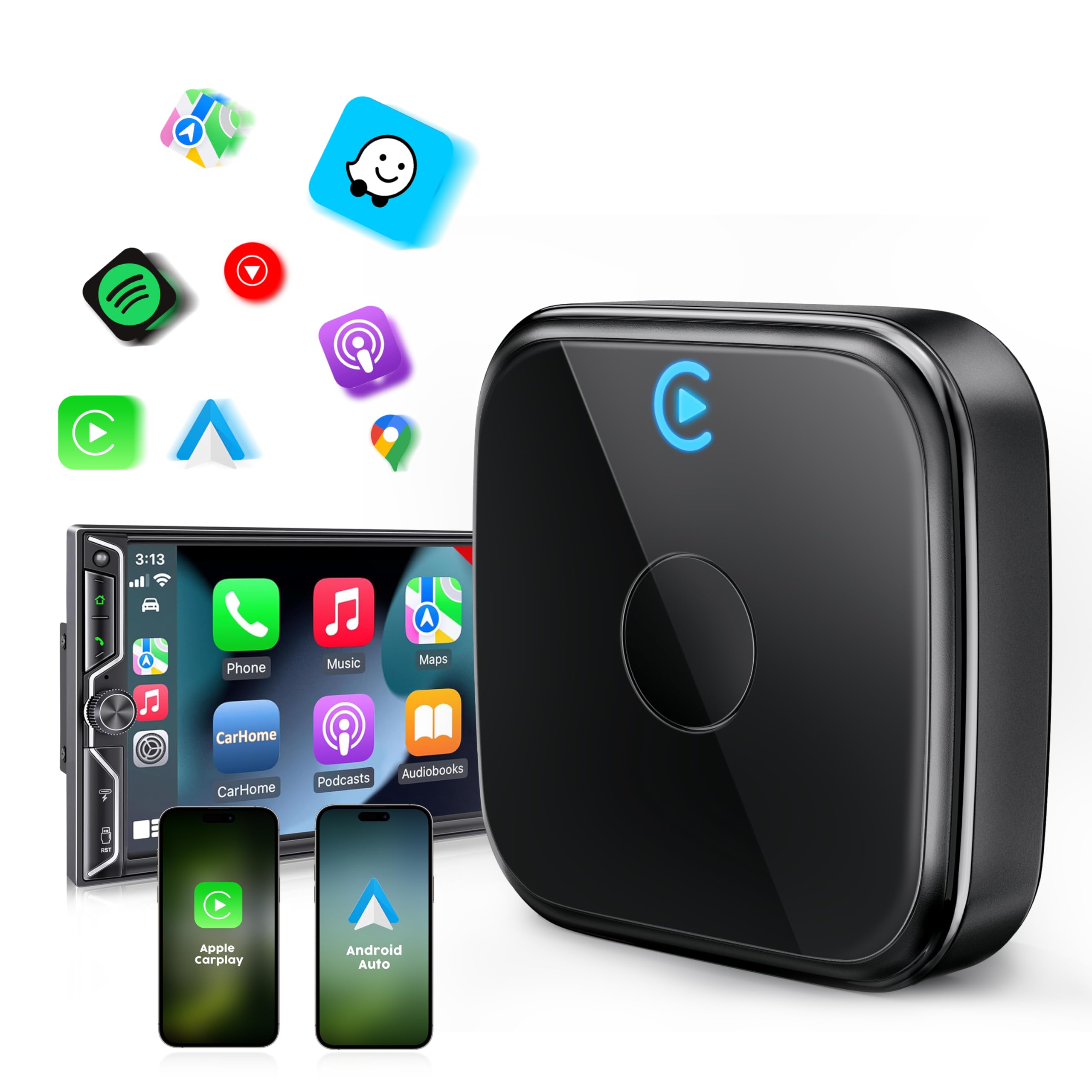 Wireless CarPlay Adapter for iPhone & Android Auto - 2-in-1 Fast & Stable Wired to Wireless Converter for iOS 10+ & Android 11+ - Perfect for Commuting, Road Trips & Hands-Free Driving