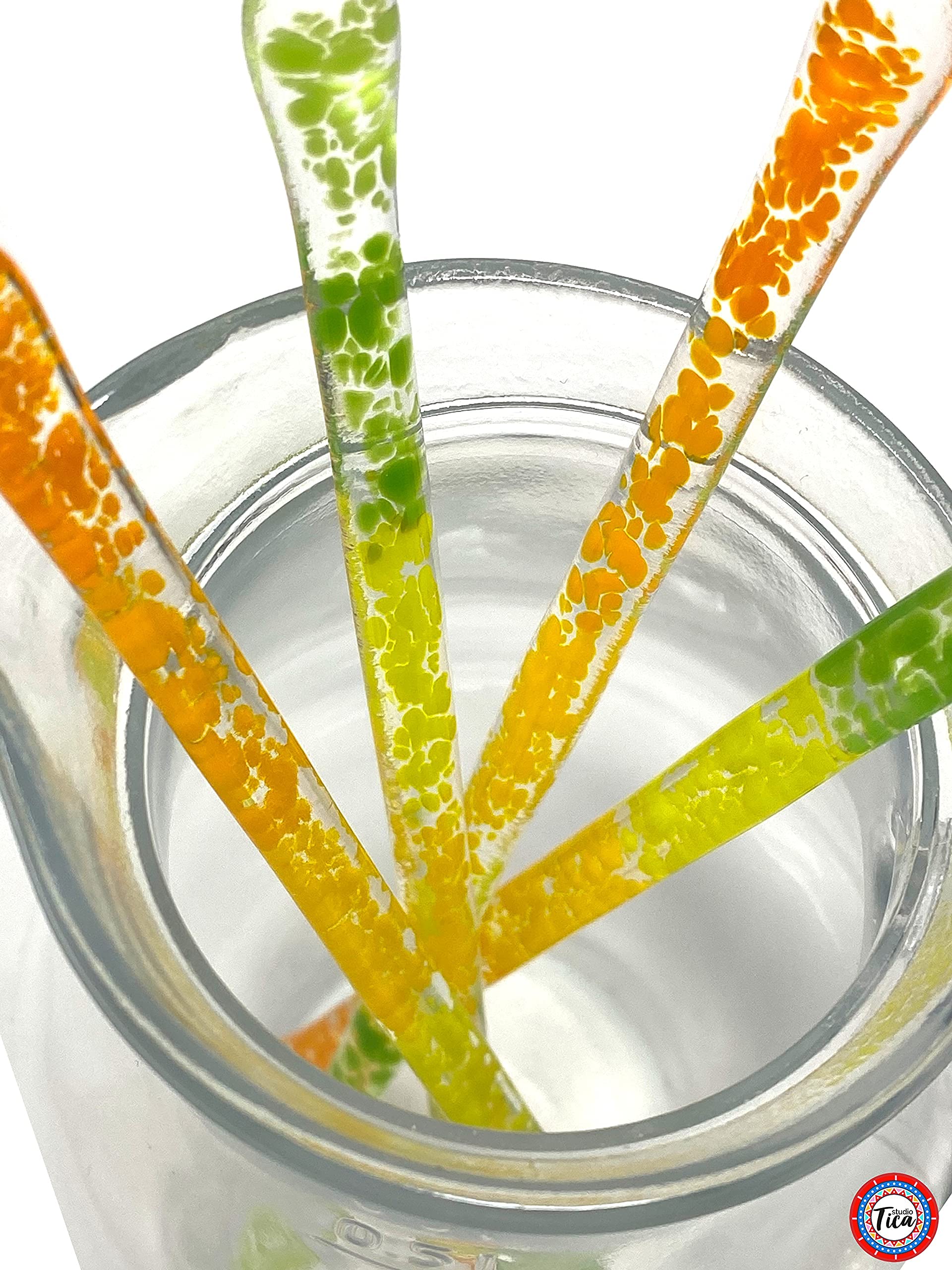 Handmade Glass Stirrers Set of 4 - 7.25 Inch Cocktail & Coffee Stir Sticks with Gift Box - Citrus Sunshine Paradise Collection - Perfect for Mixing Drinks, Iced Coffee & Home Bar Accessories