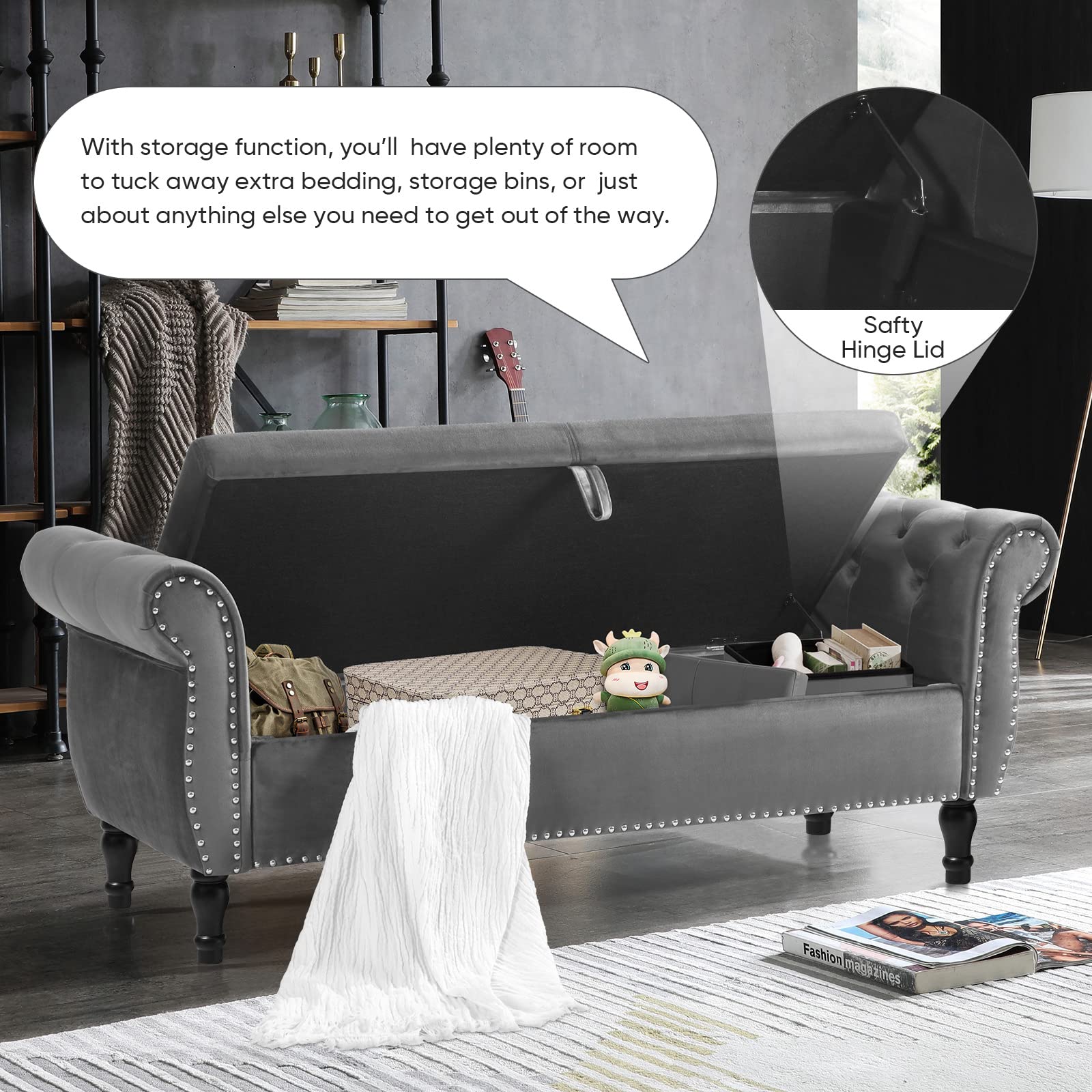 Velvet Storage Ottoman Bench - Mid Century Tufted Upholstered Bench with Hidden Storage & Toss Pillow | Small Foot of Bed Bench for Bedroom, Entryway, Hallway & Living Room | Perfect for Extra Seating & Home Organization (Gray)