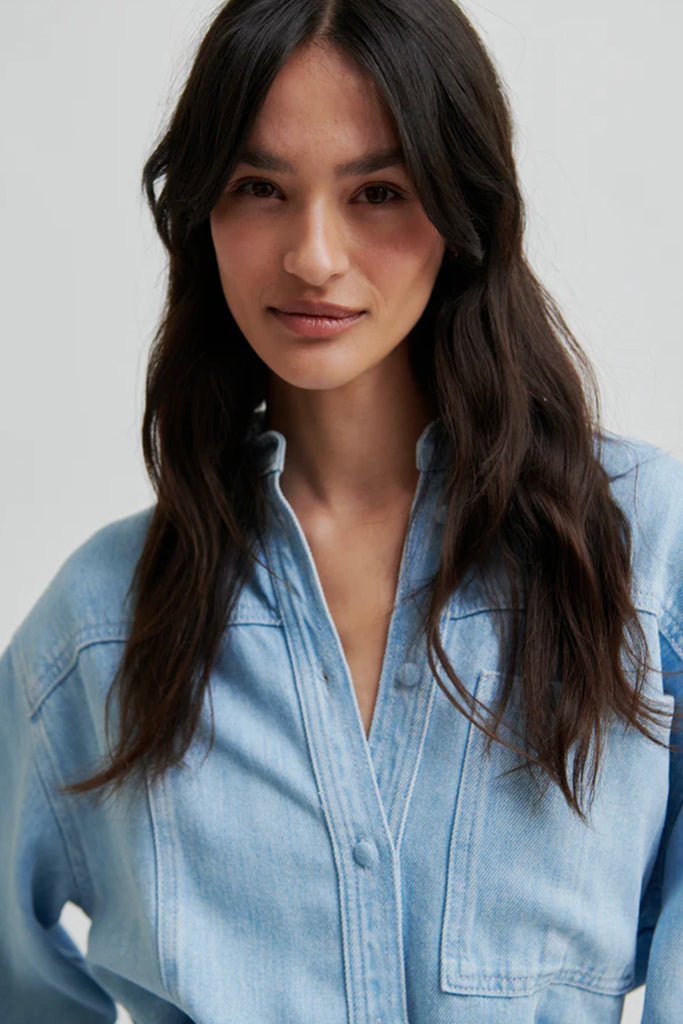 Women's Irvin Denim Shirt - Light Blue Wash Casual Button Down Shirt for Everyday Wear, Layering & Street Style Outfits