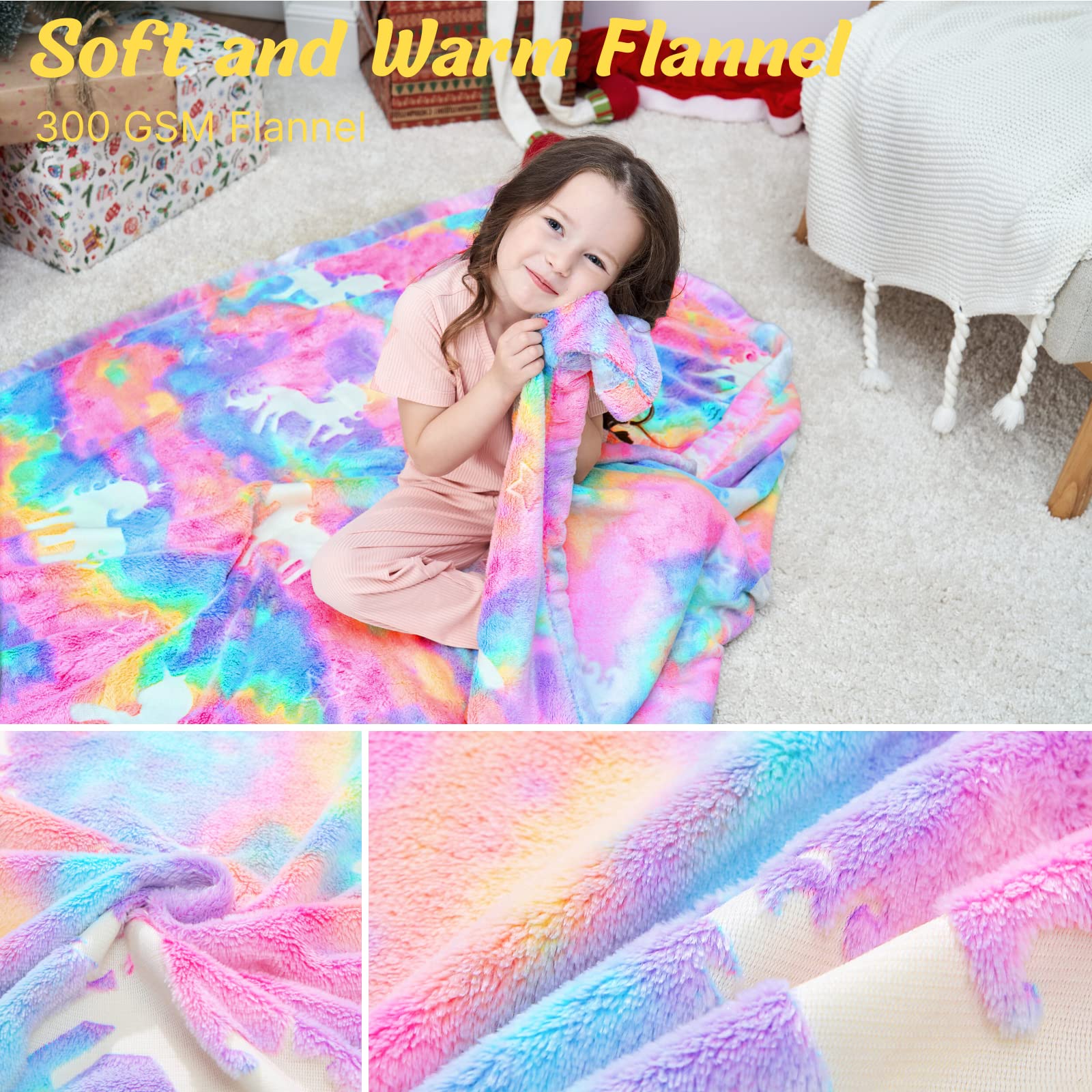 **Rainbow Glow in The Dark Unicorn Blanket for Kids & Girls - Soft Plush Fuzzy Throw Blanket - Personalized Christmas Gift for Kids - Perfect for Bedtime, Movie Nights & Cozy Comfort**
