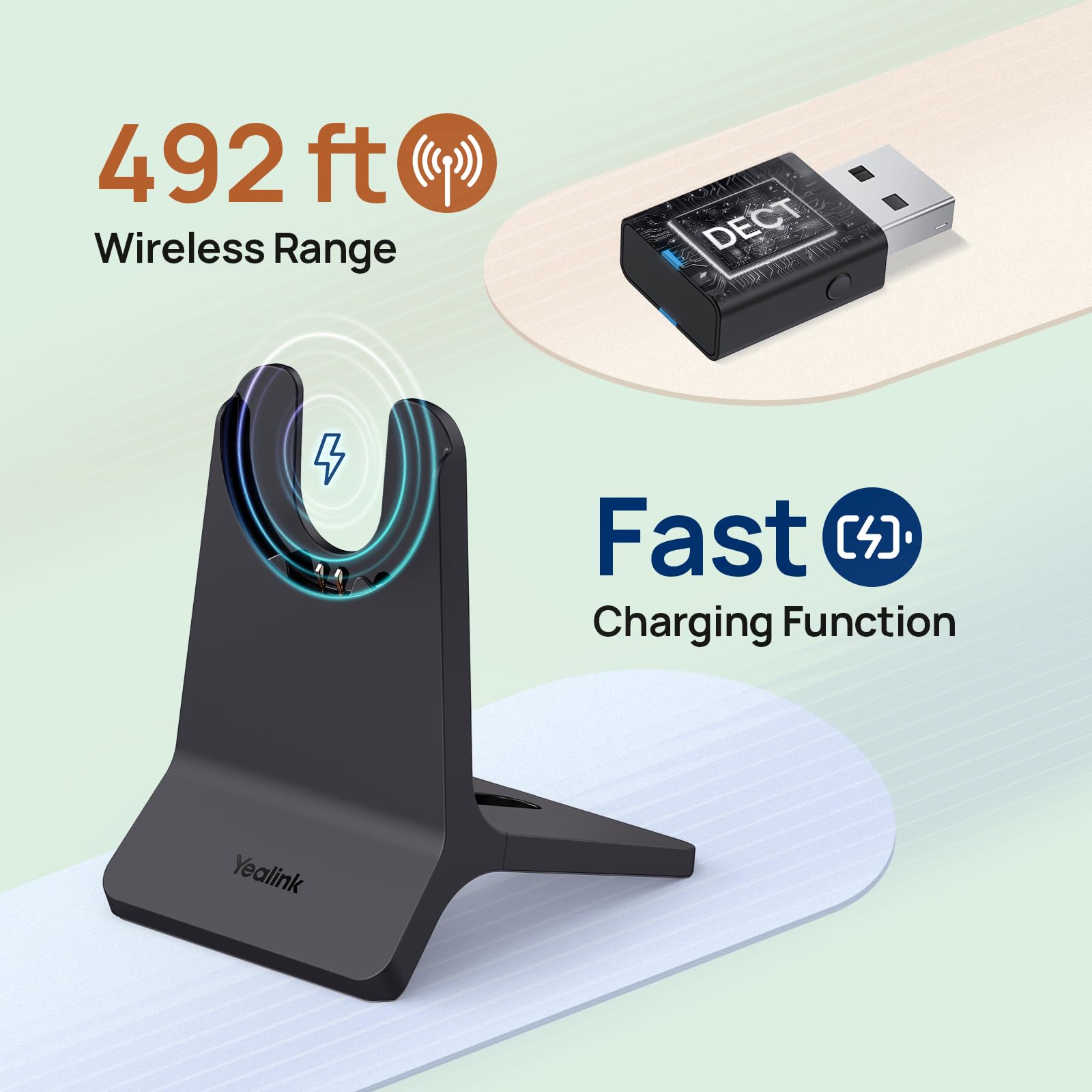 Yealink WH64 Hybrid Wireless DECT Headset with Bluetooth, 492ft Range, 26H Talk Time - Noise Cancelling UC Headset for Teams/Zoom/Skype (DECT Dongle & Charging Stand Included) - Perfect for Remote Work, Call Centers & Home Office PC/Phone Use