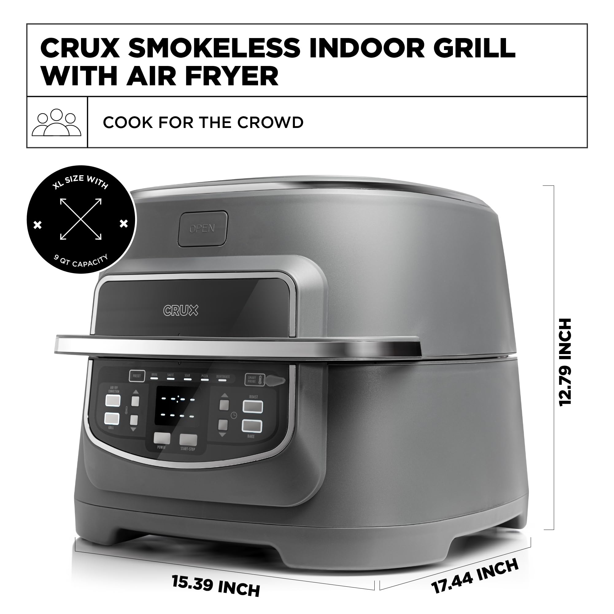 CRUX Smokeless Indoor Grill and Digital Air Fryer Oven Combo - Adjustable Temperature, 5 Preset Functions, 12