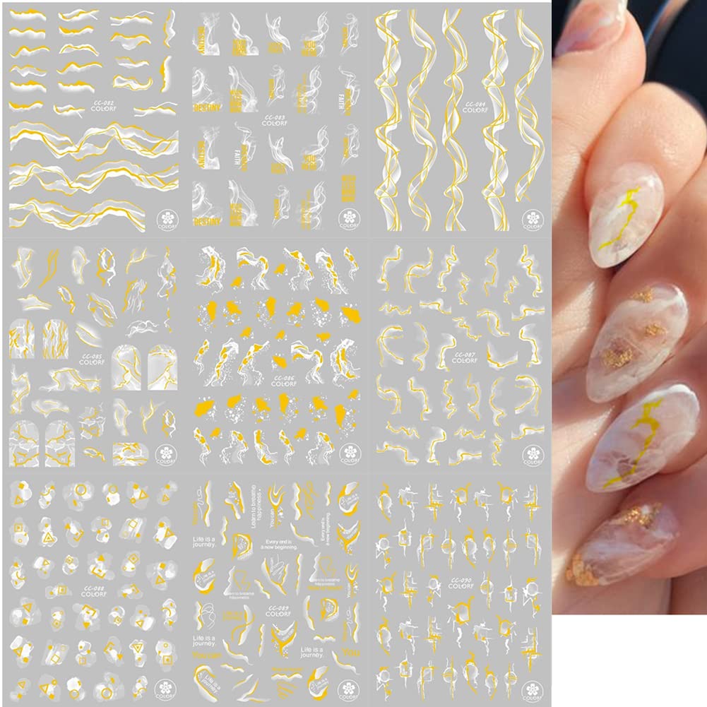 9 Sheets Bronzing French Nail Art Stickers - Gold 3D Self-Adhesive Nail Decals, Metallic Stripe Line Wavy Marble Design for Acrylic Nails, DIY Manicure Salon Decorations, Perfect for Parties Weddings Holidays