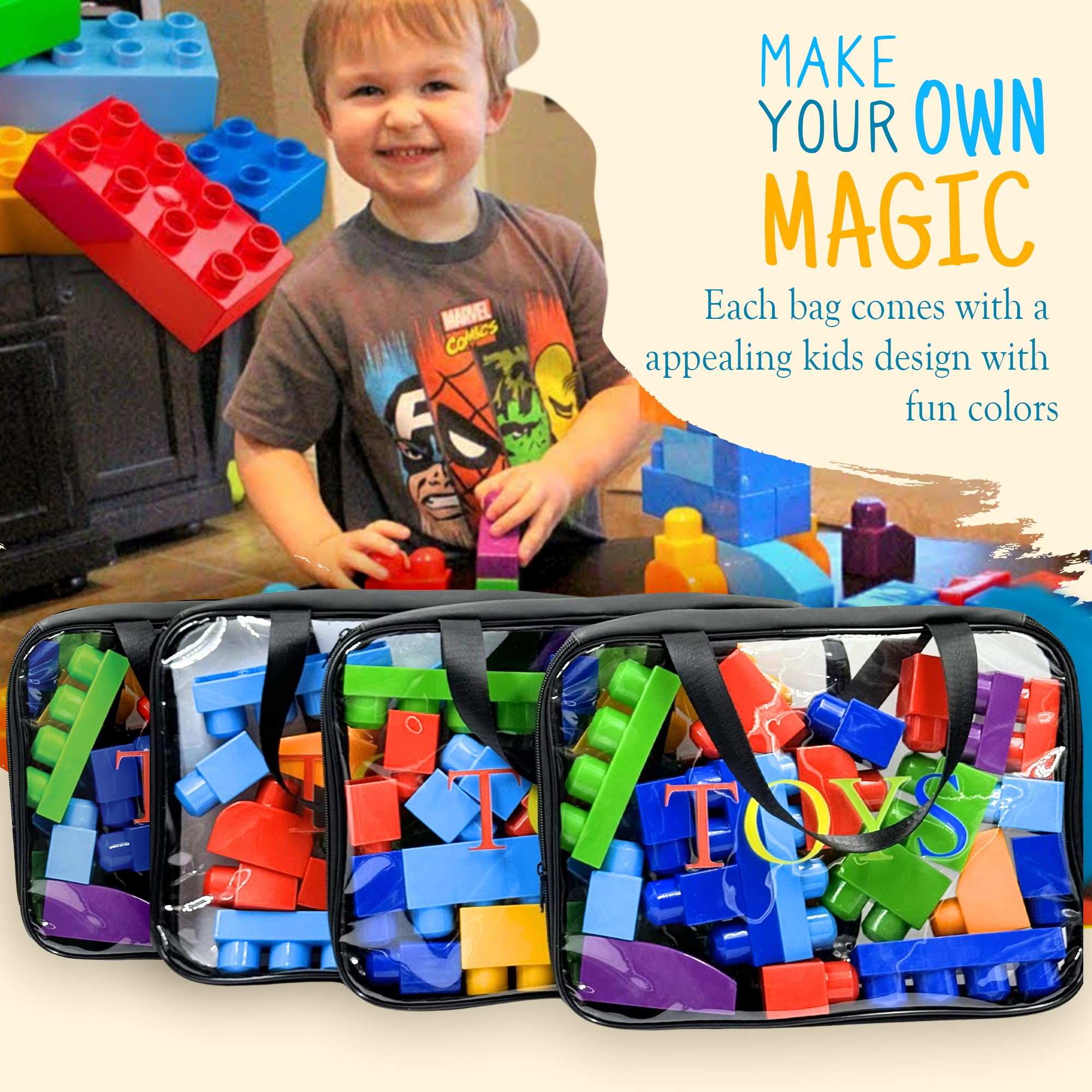 4-Pack Clear PVC Zipper Toy Storage Bags - Waterproof Organizer for Board Games, Building Blocks & Kids Toys - Small Size for Easy Storage & Travel