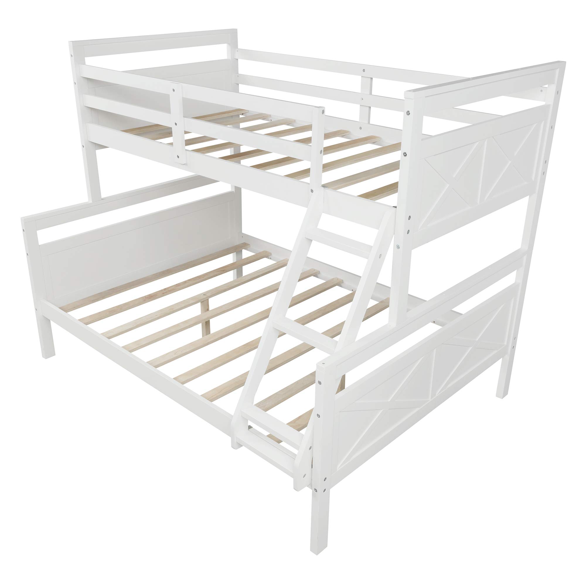 Twin Over Full Bunk Bed with Inclined Ladder & Guardrail - Solid Wood Frame with Sturdy Center Support - Converts to 2 Separate Beds - Ideal for Kids' Bedrooms, Guest Rooms & Small Spaces (White)