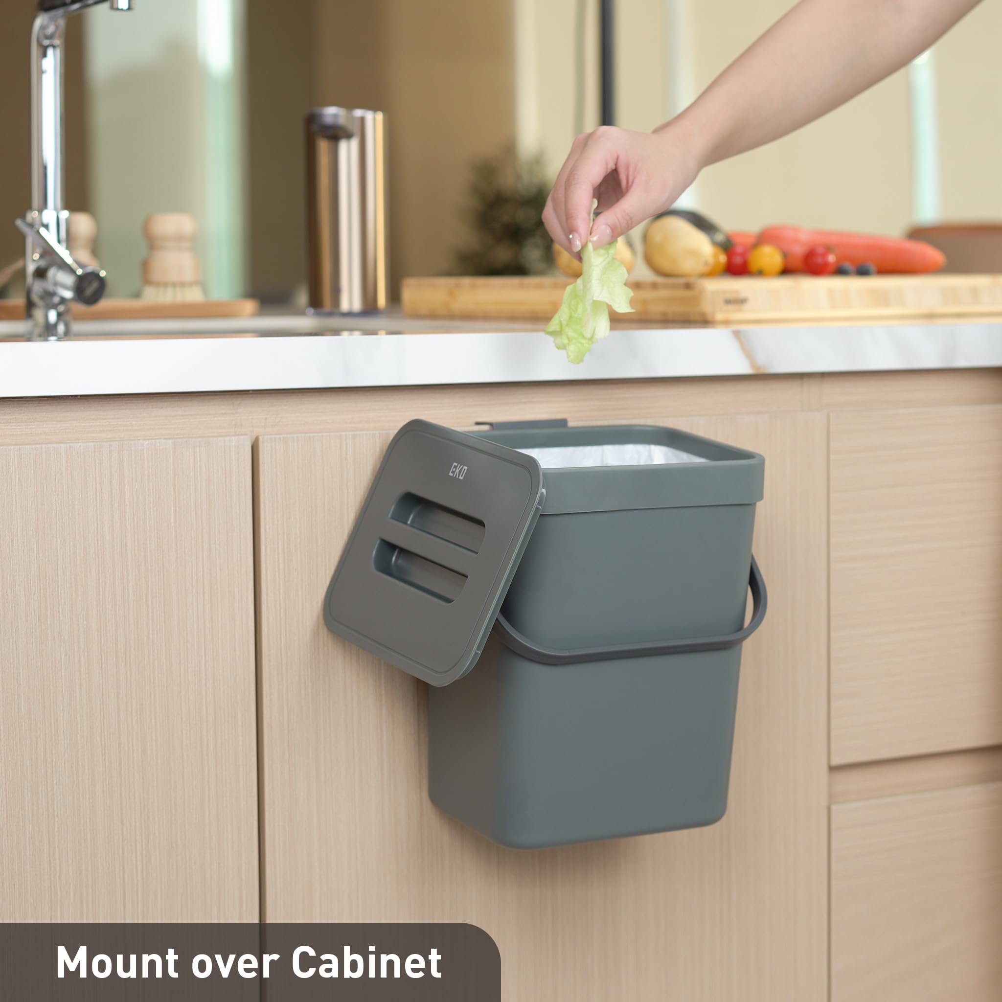 EKO Puro Mini Wall-Mounted Trash Can with Lid - 0.79 Gal / 3L Small Hanging Kitchen Compost Bin for Food Waste - Space-Saving Grey Indoor Garbage Can for Apartments, RVs & Small Spaces