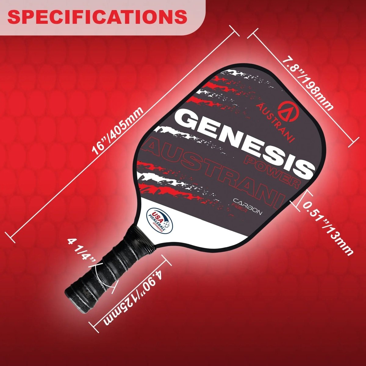 Austrani Genesis Power Pickleball Paddle - Carbon Fiber Face with Cushion Grip - USAPA Approved for Tournament Play - Perfect for Indoor/Outdoor Courts & Competitive Matches