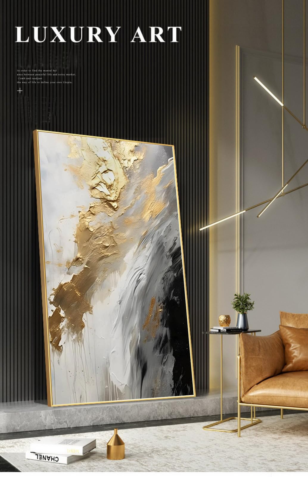 Hand-Painted Gold Abstract Oil Painting on Canvas - Framed White & Black Wall Art (24x48 Inch) for Living Room, Bedroom, Kitchen & Entrance Hall Decor | Large Modern Home Decoration Picture for Wall Display & Interior Design