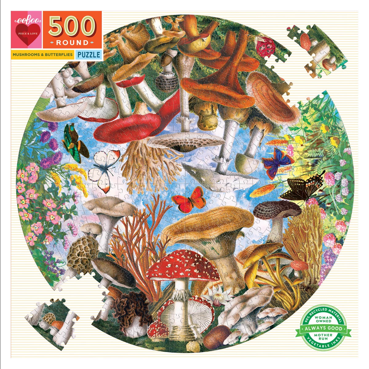 eeBoo 500 Piece Round Puzzle - Mushroom & Butterflies Jigsaw Puzzle for Adults & Kids, Perfect for Family Game Night & Relaxation