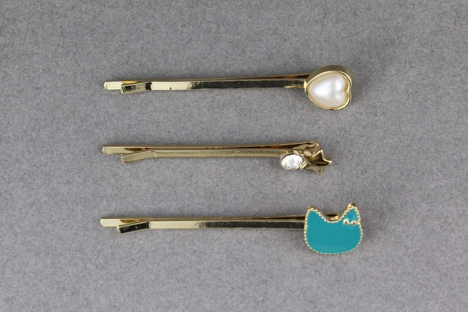 3-Piece Cat & Star Hair Clips Set with Faux Pearls - Gold Bobby Pins & Teal Barrette Hairpins for Women | Perfect for Parties, Weddings & Everyday Styling