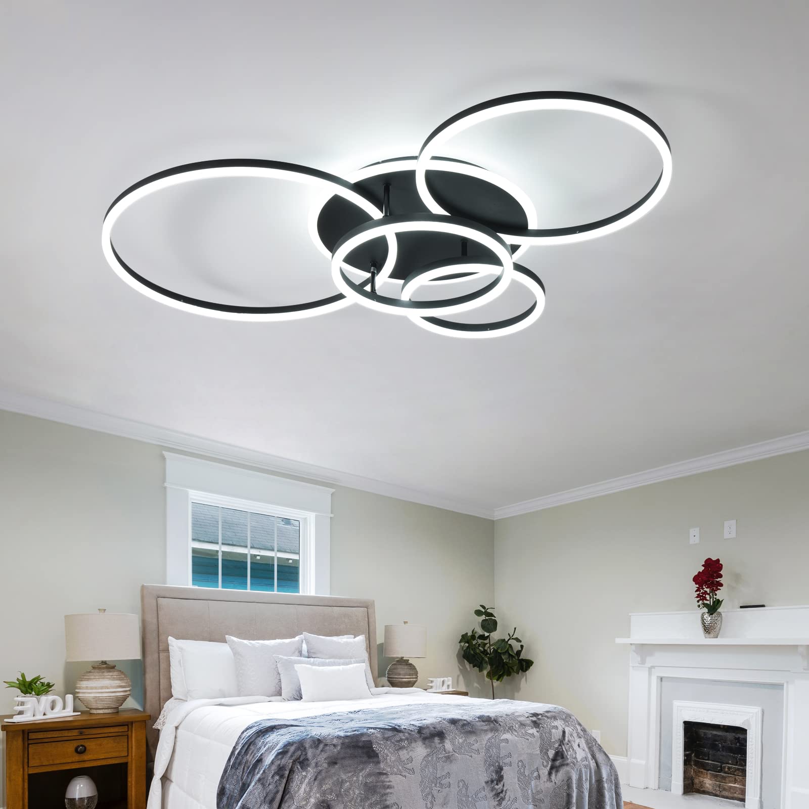 90W Modern LED Ceiling Light Fixture - Dimmable Flush Mount Chandelier with Remote Control, 5-Ring Black Acrylic Design for Living Room, Bedroom & Kitchen Lighting | Energy-Efficient Home & Office Lighting Solution