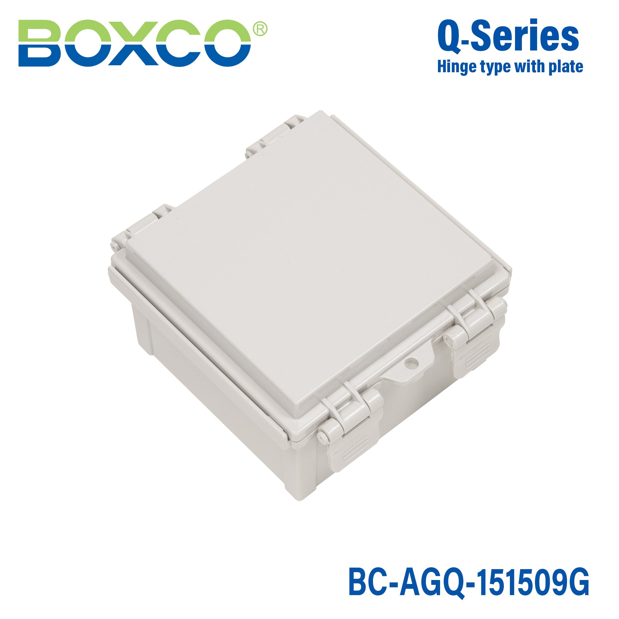 Boxco Q Series 5.91 x 5.91 x 3.54 Inches (150 x 150 x 90mm) Waterproof Plastic Enclosure - IP67 & IK08 Rated ABS Grey Hinged Electrical Box with Mounting Plate - Ideal for Outdoor Electronics, Industrial Controls & DIY Projects