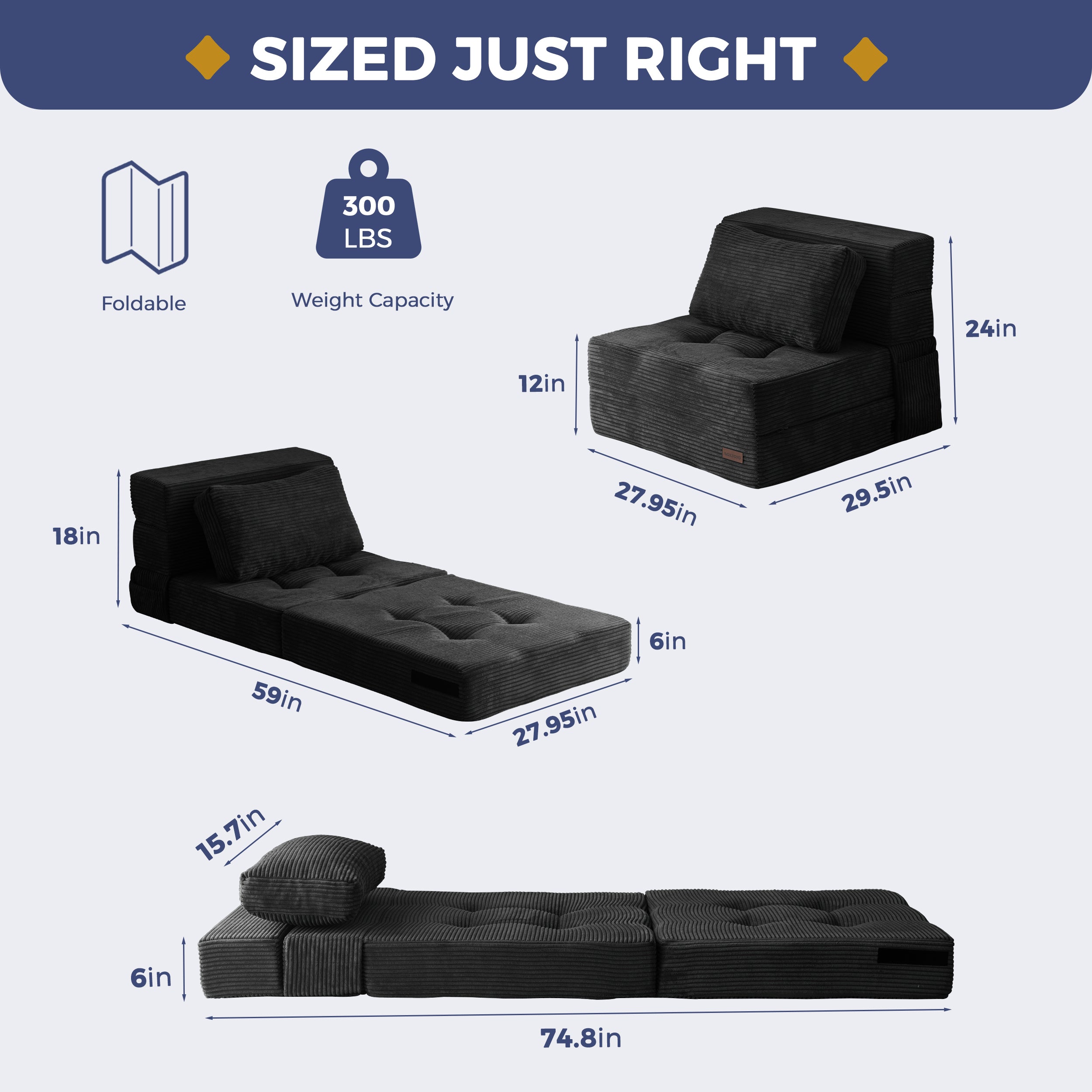 MAXYOYO 3-in-1 Convertible Sofa Bed - Fold Out Single Sleeper Sofa with Pillow, Folding Couch Bed & Foam Floor Couch for Living Room, Bedroom & Guest Room - Perfect for Small Spaces, Overnight Guests & Lounge Relaxation - Black