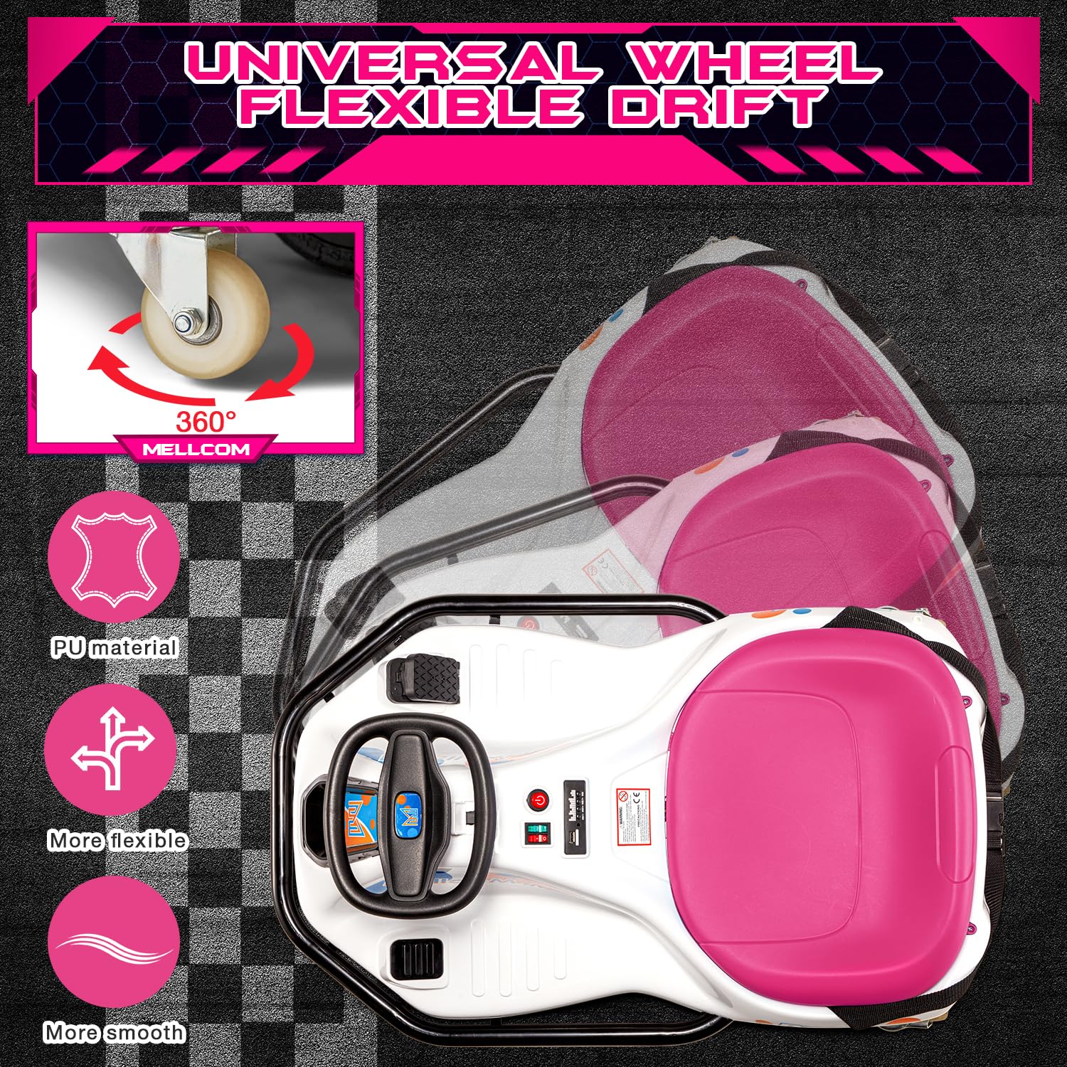 MELLCOM 24V Electric Drifting Go Kart for Kids - 360° Rotatable Wheels, Bluetooth, LED Lights & Music | Ride-On Toy Car with Acceleration Pedal | Perfect for Birthday Gifts, Outdoor Play & Backyard Racing (Pink)