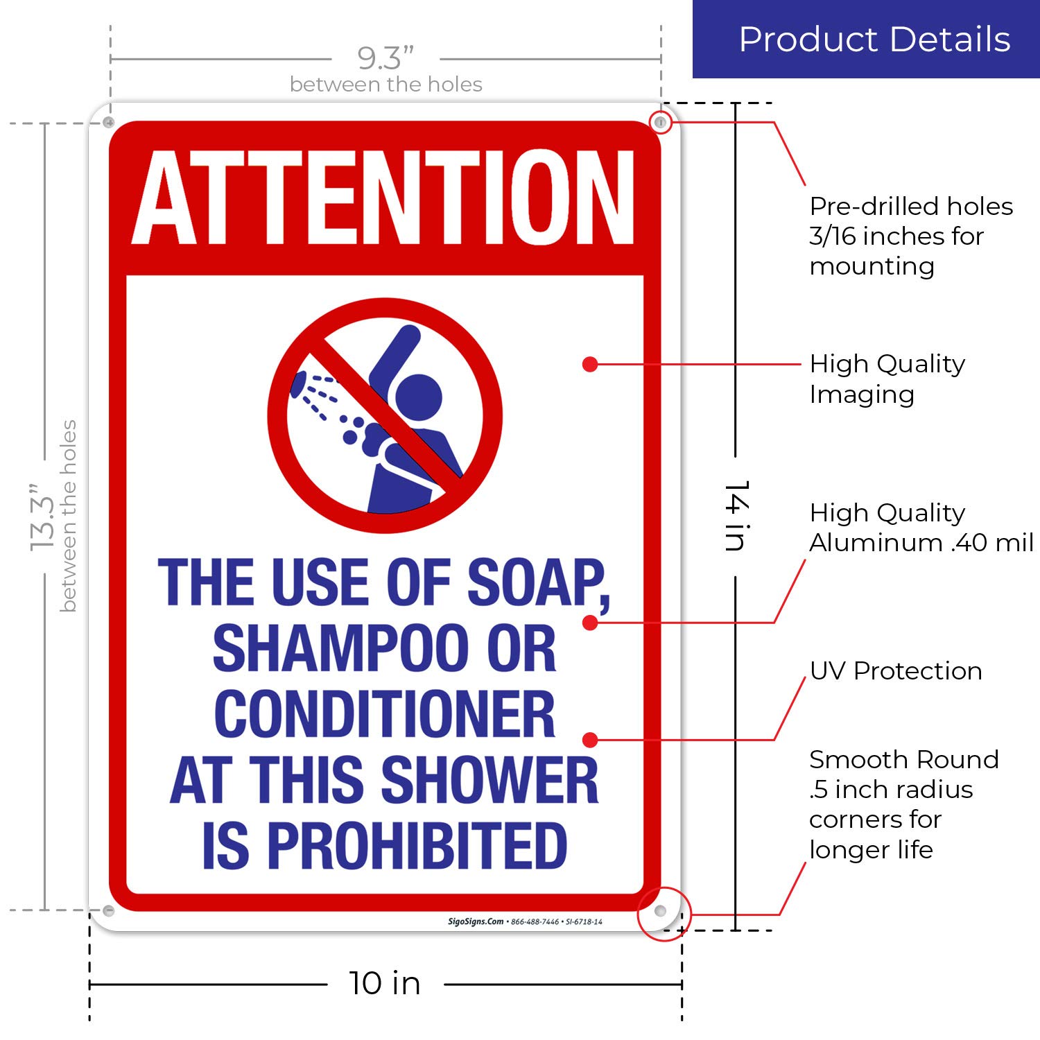 Waterproof Aluminum Shower Sign - 'Attention: No Soap, Shampoo or Conditioner' - 10x14 Inches Rust-Free Pool Sign for Indoor/Outdoor Use - Fade-Resistant Durable Sign Made in USA - Perfect for Swimming Pools, Gyms & Public Showers