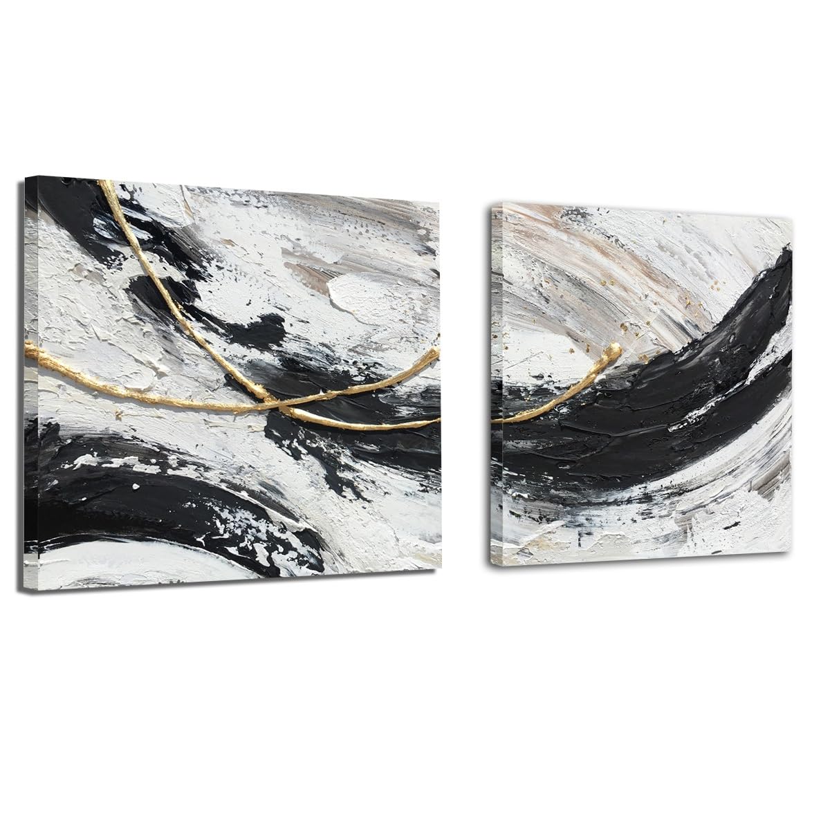 100% Hand Painted Black and White Abstract Wall Art - Modern Canvas Mural for Bedroom, Living Room & Kitchen | Two-Piece Contemporary Wall Hanging Decor | Perfect for Home, Office & Cafe Interior Design