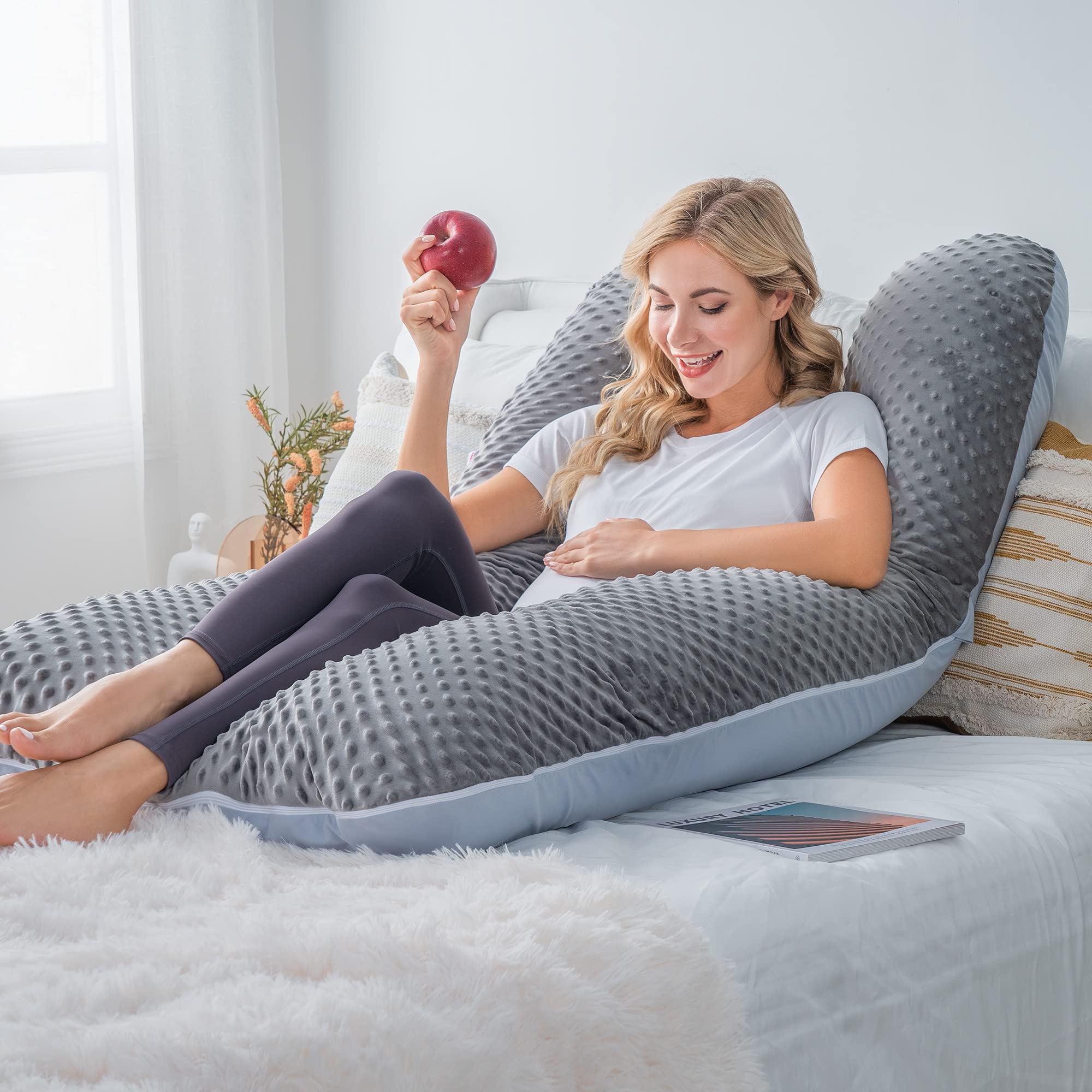 Meiz Pregnancy Pillow for Sleeping - Maternity Body Pillow with Cooling Jersey & Velvet Cover (Grey & Blue) - Support for Back, Hips & Belly - Perfect for Pregnant Women & Side Sleepers