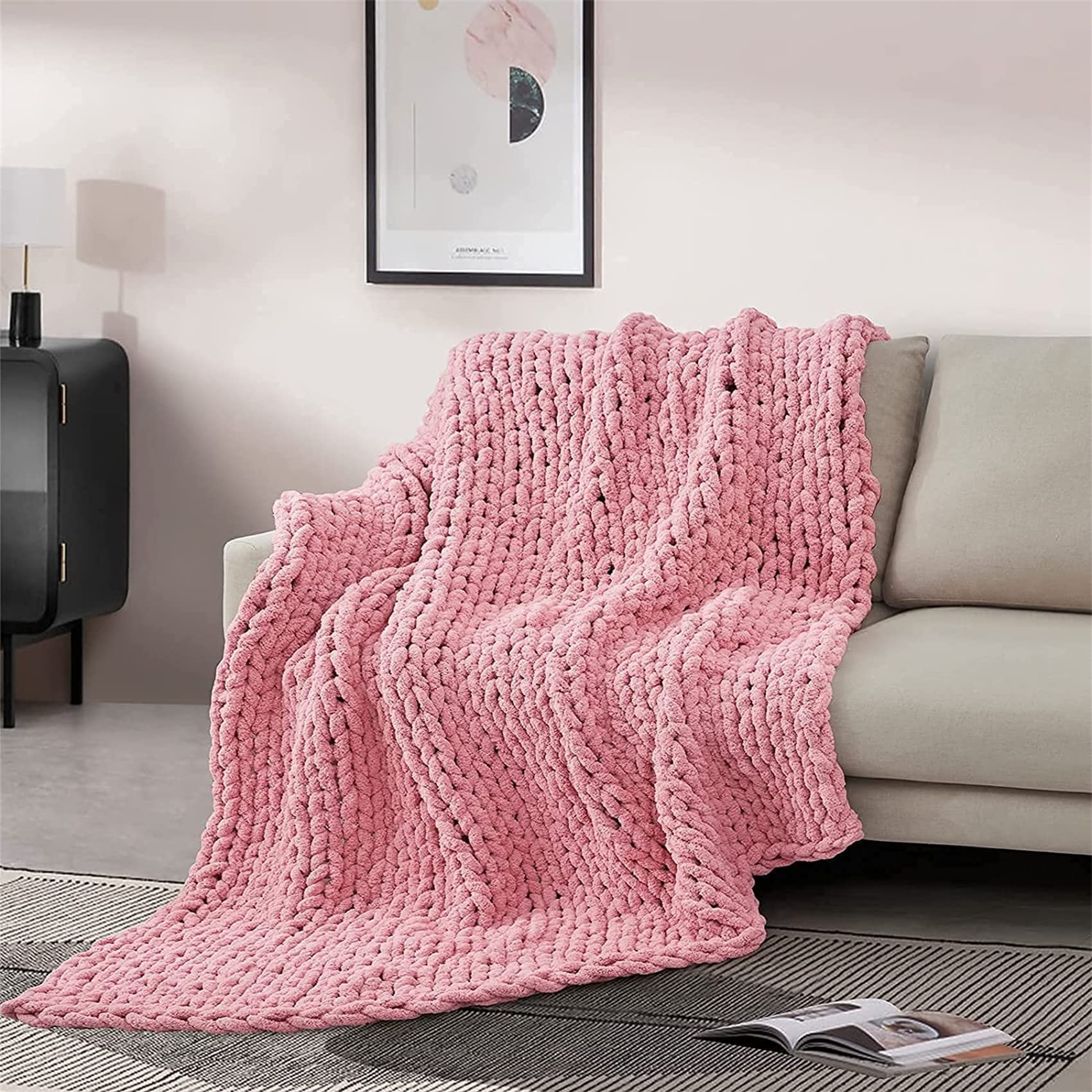 Riyueyi Chunky Knit Blanket - Handmade Soft Cable Knit Throw for Couch, Bed, Chair | Large Cozy Yarn Blanket (59x70in) - Perfect for Fall Decor, Pet Mat & Baby Bed | Pink