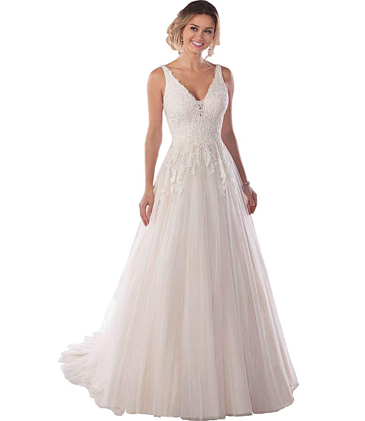 Elegant Dymaisei Women's V-Neck Boho Wedding Dress with Lace Applique - Perfect for Brides, Beach Weddings & Boho-Themed Ceremonies
