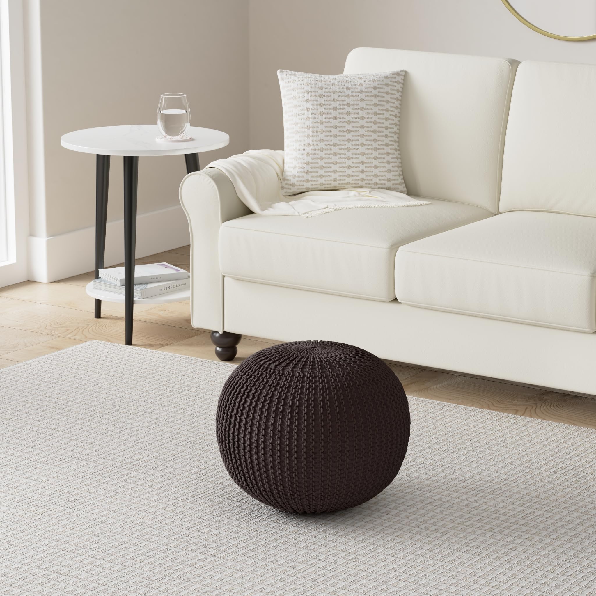 Hand Woven Cotton Round Knit Pouf - Brown Boho Chic Ottoman for Living Room, Bedroom & Nursery - Perfect Footrest, Extra Seating & Stylish Home Decor