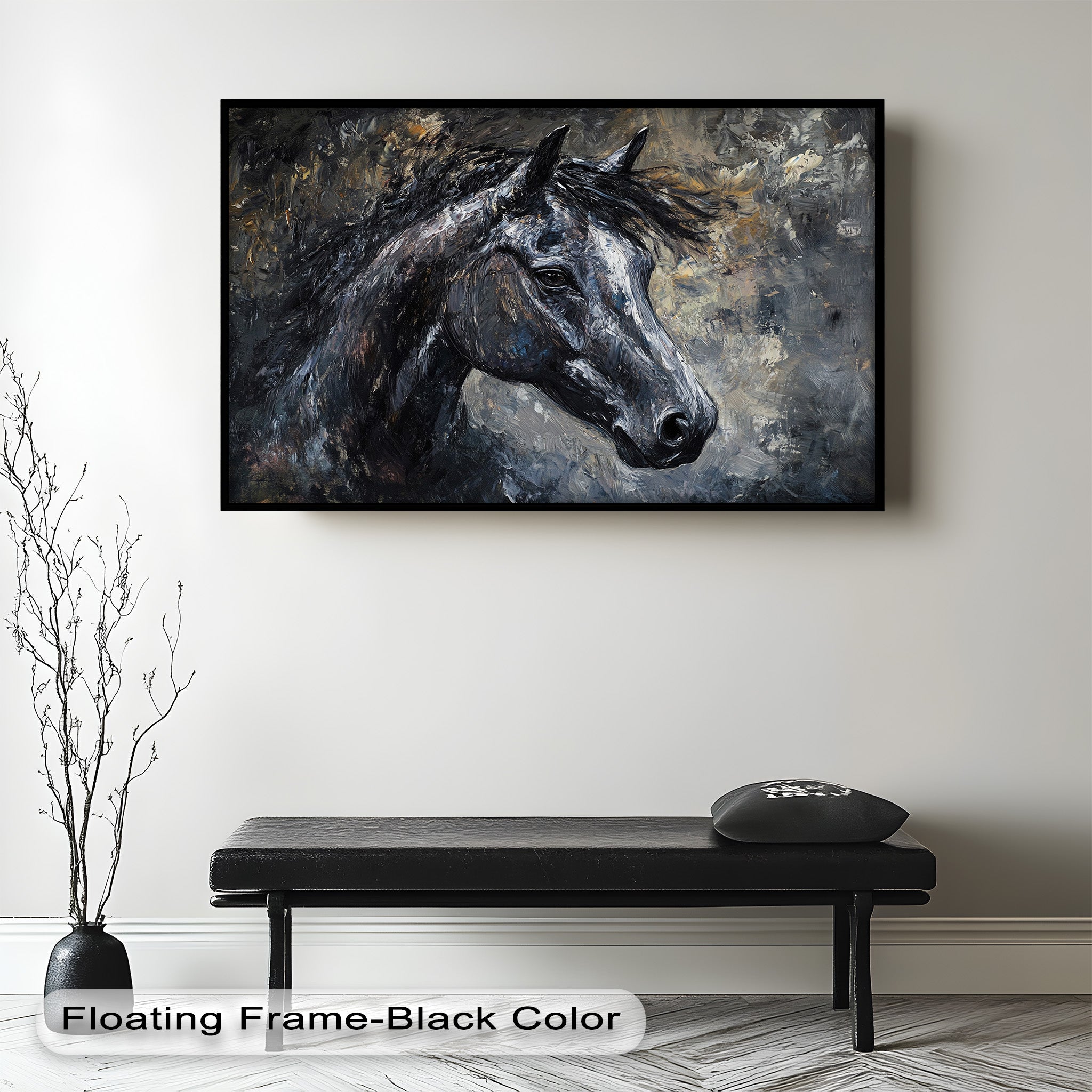 Black Horse Portrait Oil Painting - Handmade Animal Artwork for Home Decor, Office Wall Art & Gift Ideas