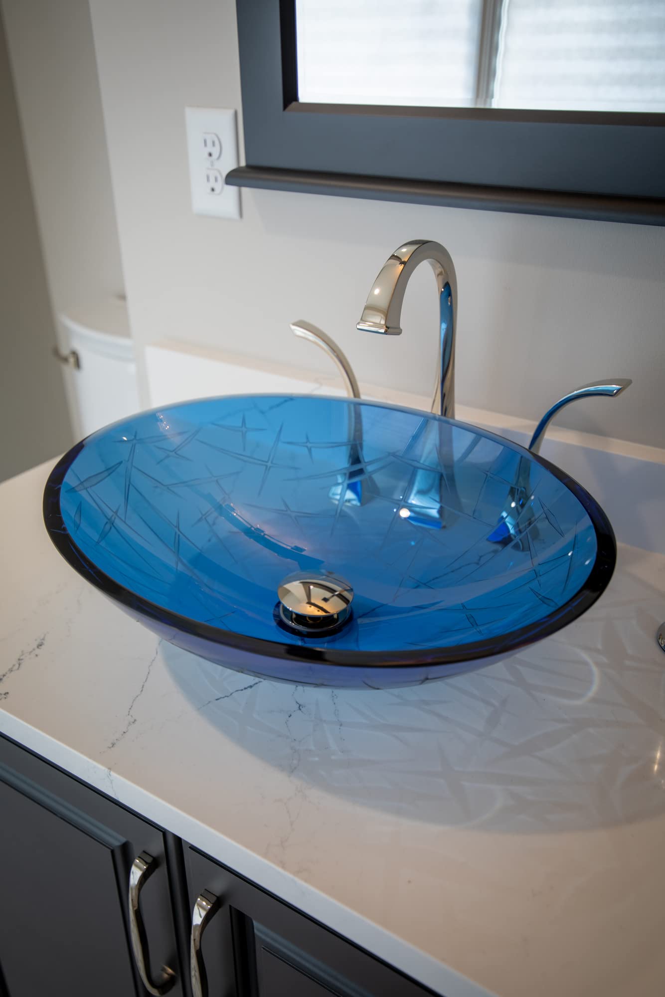 Blue Crystal Cut Oval Glass Bathroom Vessel Sink - Modern Oval Glass Vessel Sink for Bathroom Vanity, Countertop Washbasin - Perfect for Contemporary Bathrooms, Powder Rooms & Luxury Home Decor