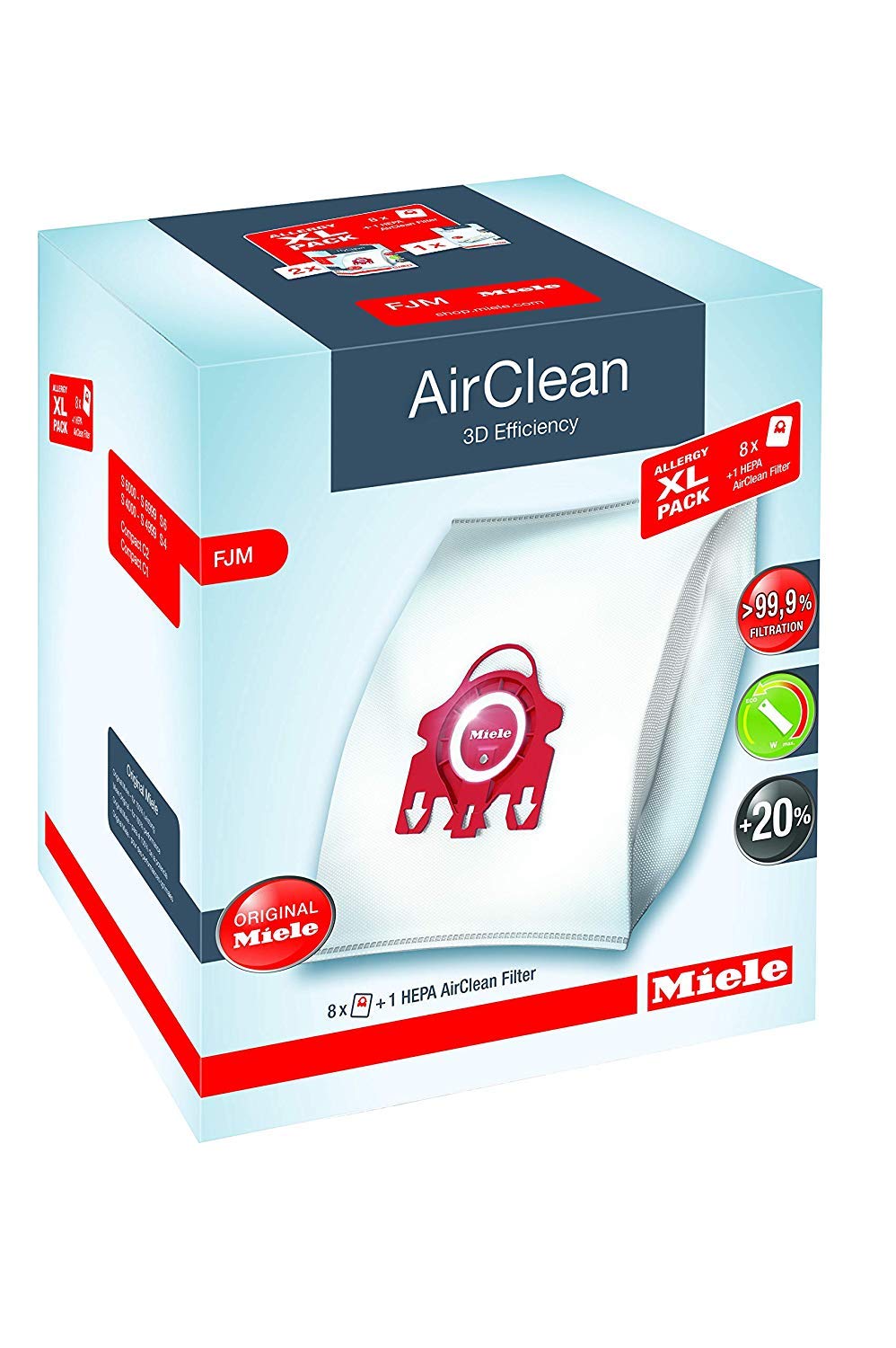 Miele Original Allergy XL Pack AirClean 3D FJM Vacuum Cleaner Bags - 8 Bags + 1 HEPA Filter for Dust Mite & Pet Hair Removal - Perfect for Allergy Sufferers & Home Cleaning