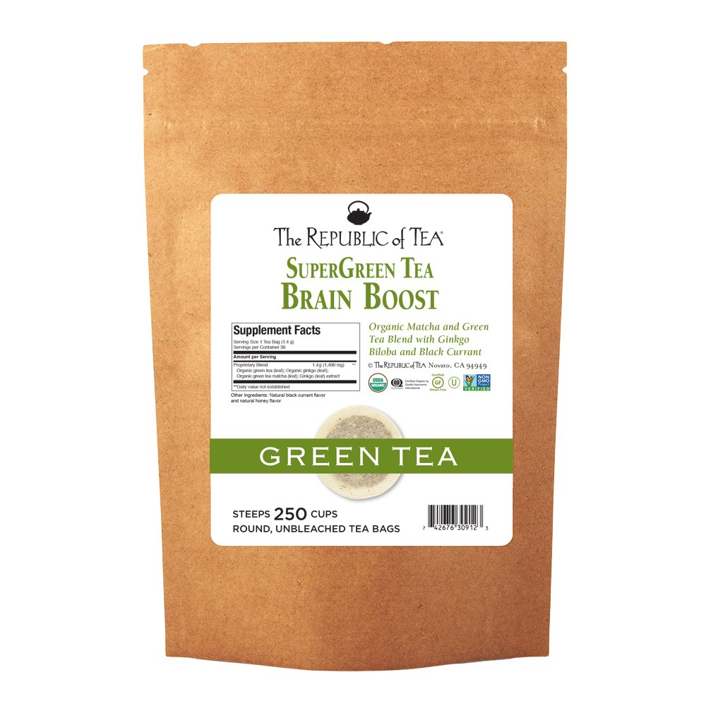The Republic of Tea Brain Boost Supergreen Tea with Ginkgo Biloba & Matcha - 250 Tea Bags for Enhanced Focus & Mental Clarity | Perfect for Studying, Work & Morning Energy Boost