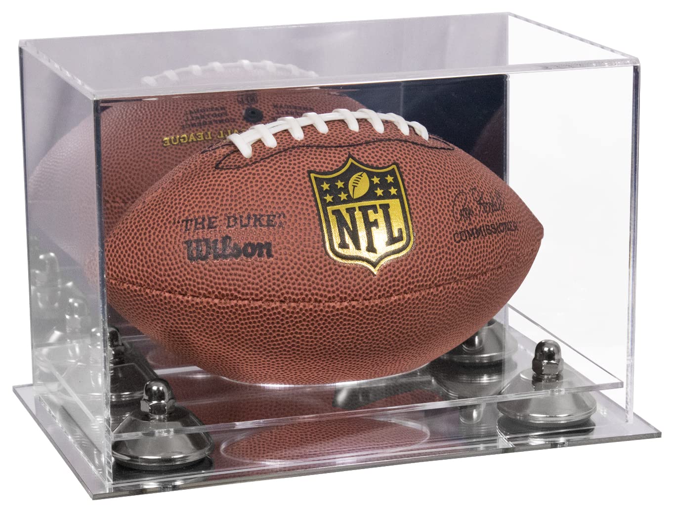 Miniature Football Acrylic Display Case with Mirror Base & White Risers - Perfect for Collectible Showcase, Sports Memorabilia Display, and Gift Presentation (B43/A005)