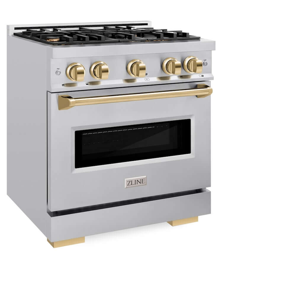 ZLINE Autograph Edition 30-inch 4.2 cu. ft. Stainless Steel Gas Range with 4 Burner Cooktop & Convection Oven - Polished Gold Accents (CGRZ 30 G) - Perfect for Modern Kitchens, Home Chefs & Gourmet Cooking