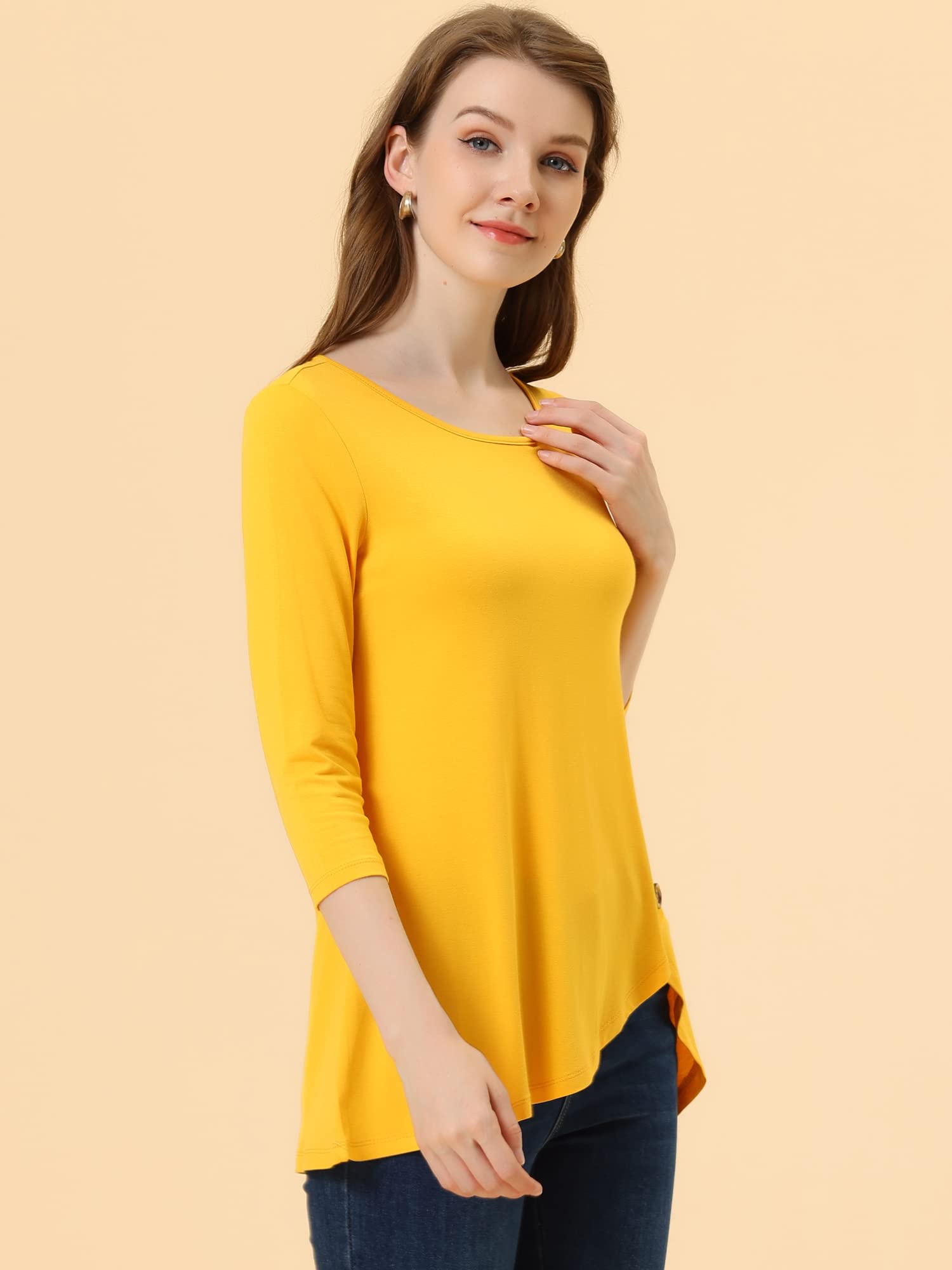Allegra K Women's Asymmetrical Hem 3/4 Sleeve Loose Tunic T-Shirt - Round Neck Casual Basic Top for Spring 2025 | Perfect for Layering, Office Wear & Everyday Comfort