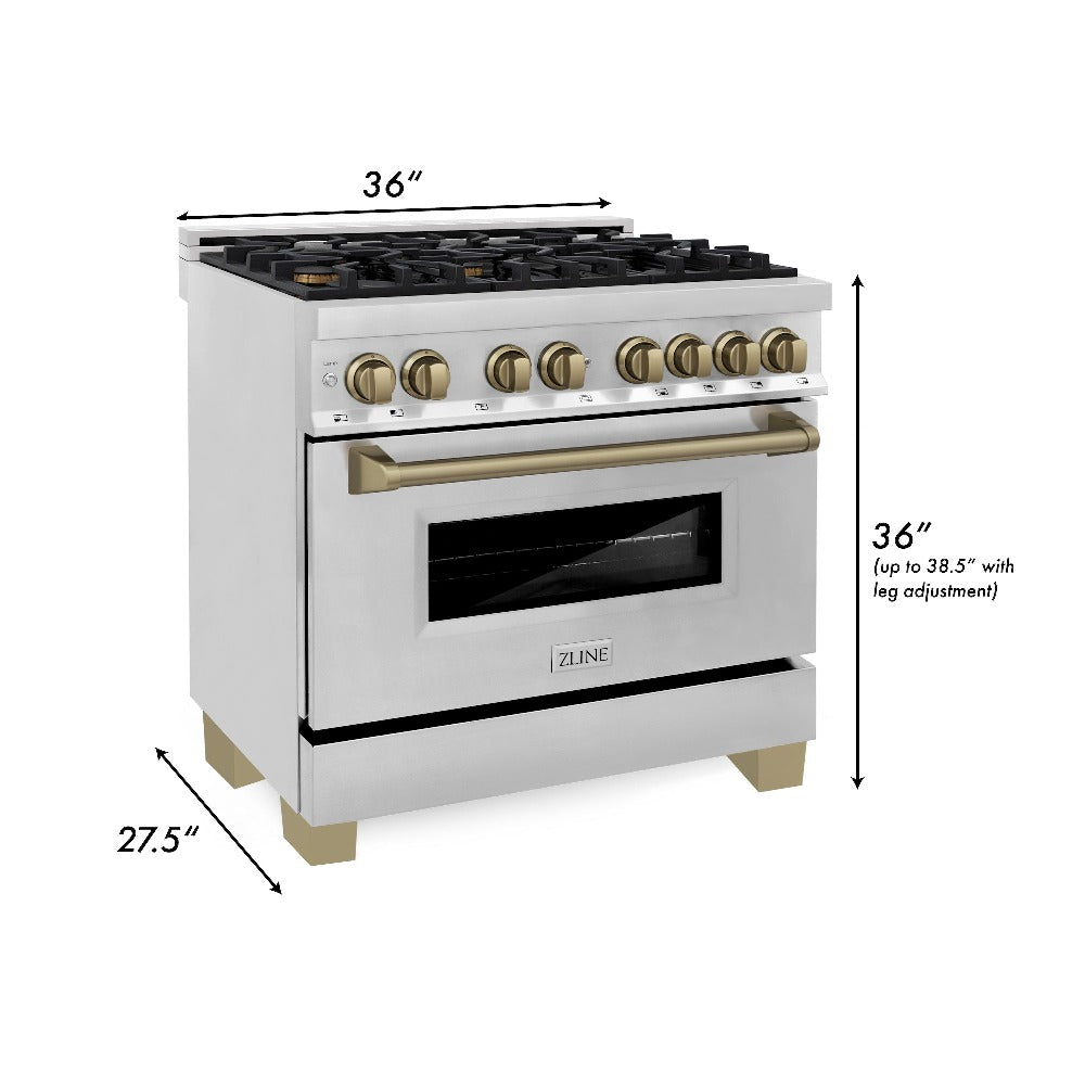 ZLINE Autograph Edition 36-inch Stainless Steel Dual Fuel Range with Range Hood & Dishwasher - Champagne Bronze Accents (3AKP RARHDWM36 CB) | Professional Kitchen Package for Home Chefs & Gourmet Cooking Enthusiasts