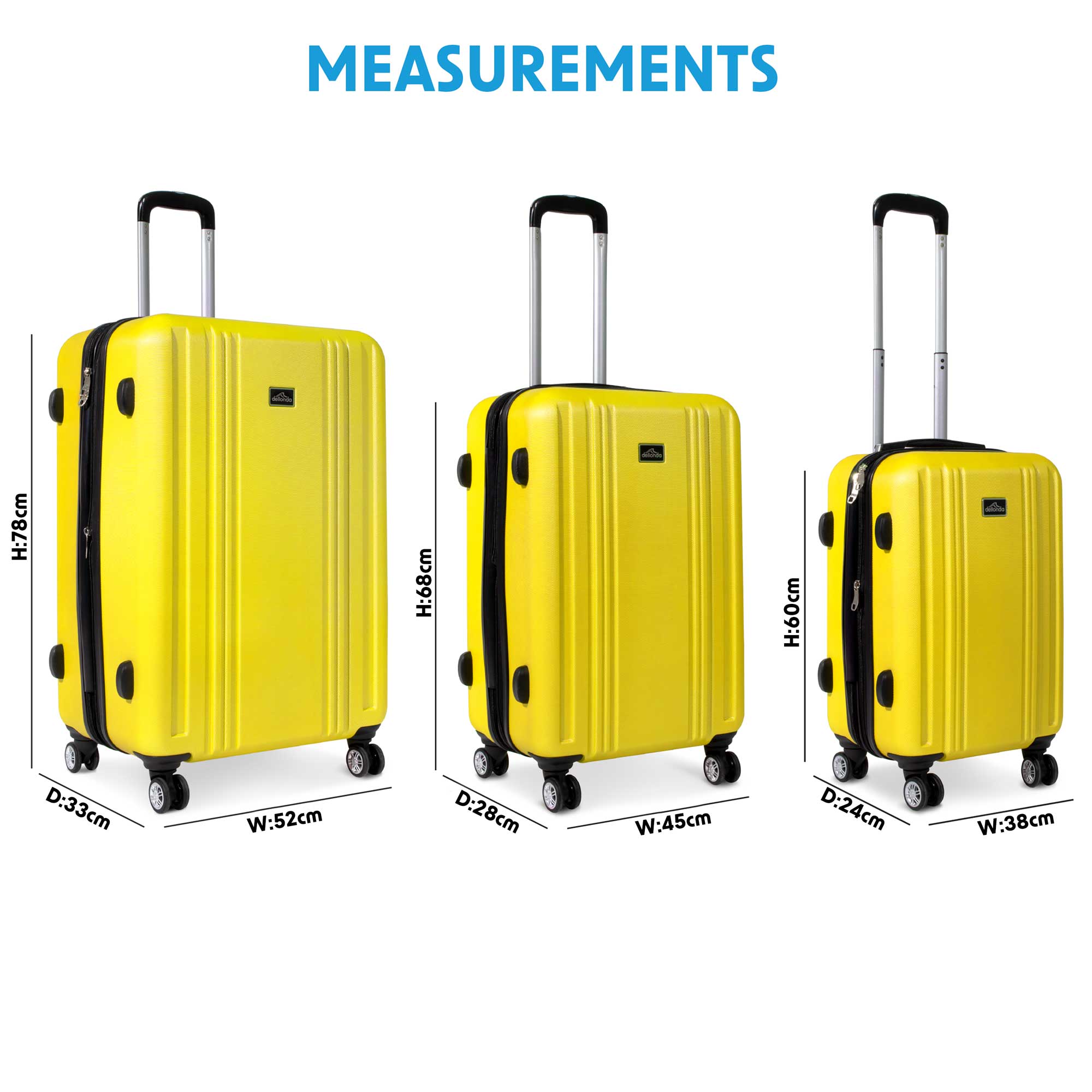 3 Piece Lightweight ABS Luggage Set with TSA Lock - Yellow (DL124) - Perfect for Travel, Business Trips & Vacations