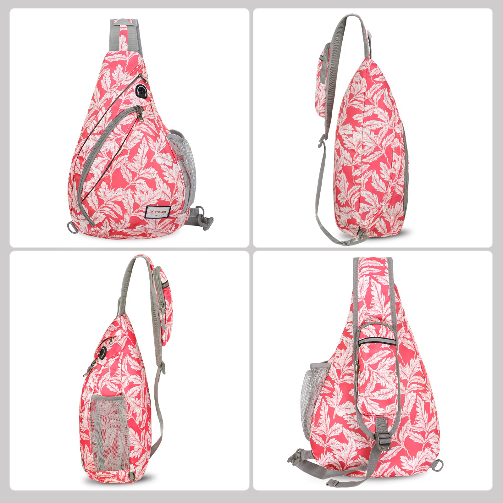 ZOMAKE Waterproof Sling Bag for Travel & Hiking - Anti-Theft Crossbody Backpack (Fuchsia White Leaf)