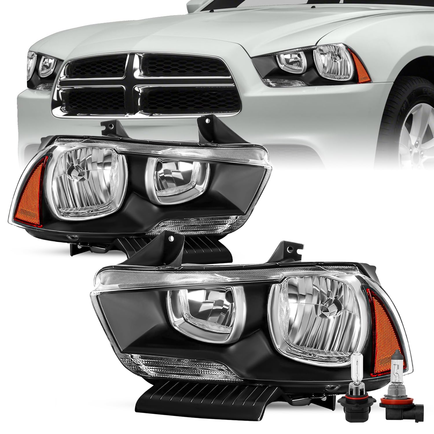 Dodge Charger Headlight Assembly Set - Compatible with 2011-2014 Models, Halogen Replacement Headlamp with Black Housing & Amber Reflector (Includes High/Low Beam Bulbs) - Perfect for Night Driving & Auto Upgrades