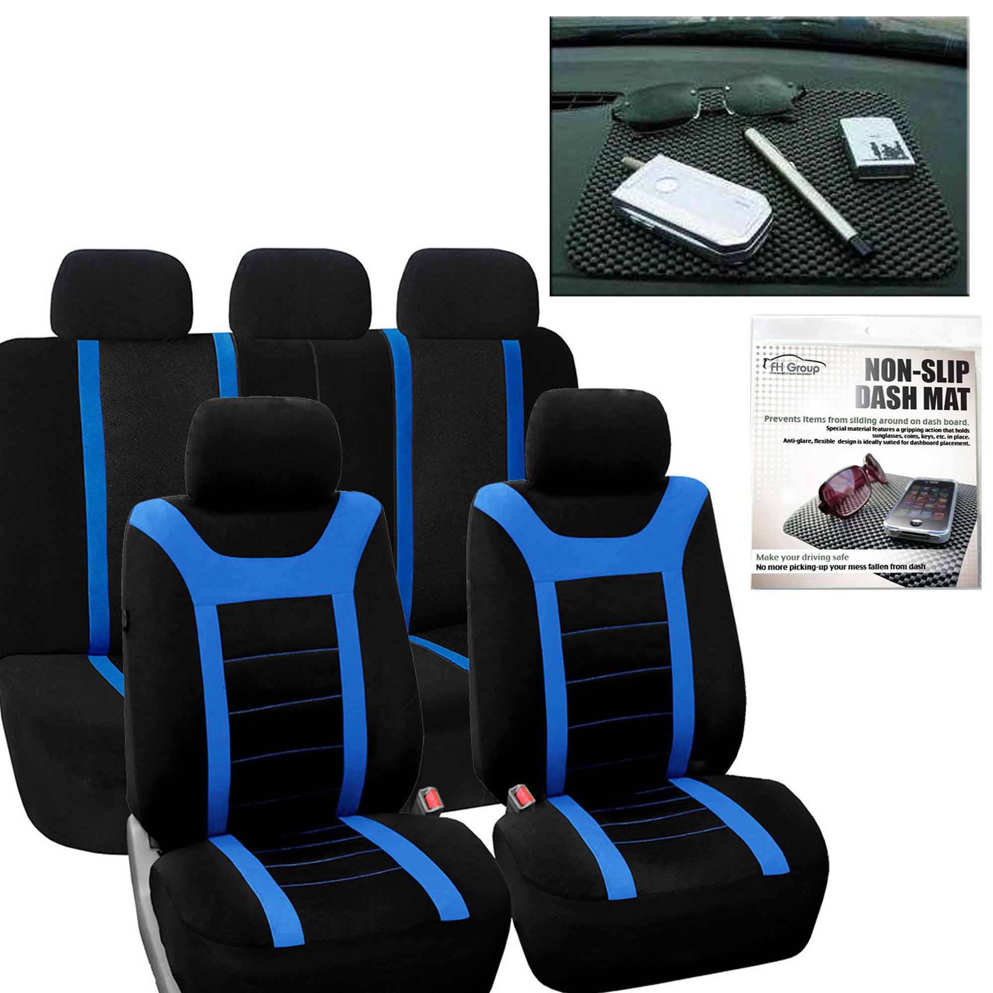 FH Group Non-Slip Automotive Seat Covers Set - Full Blue Sports Car Seat Covers with Dash Grip Pad | Compatible with Cars, Vans, Trucks & SUVs | Airbag Safe & Split Rear Design | Perfect for Road Trips, Commuting & Off-Road Adventures