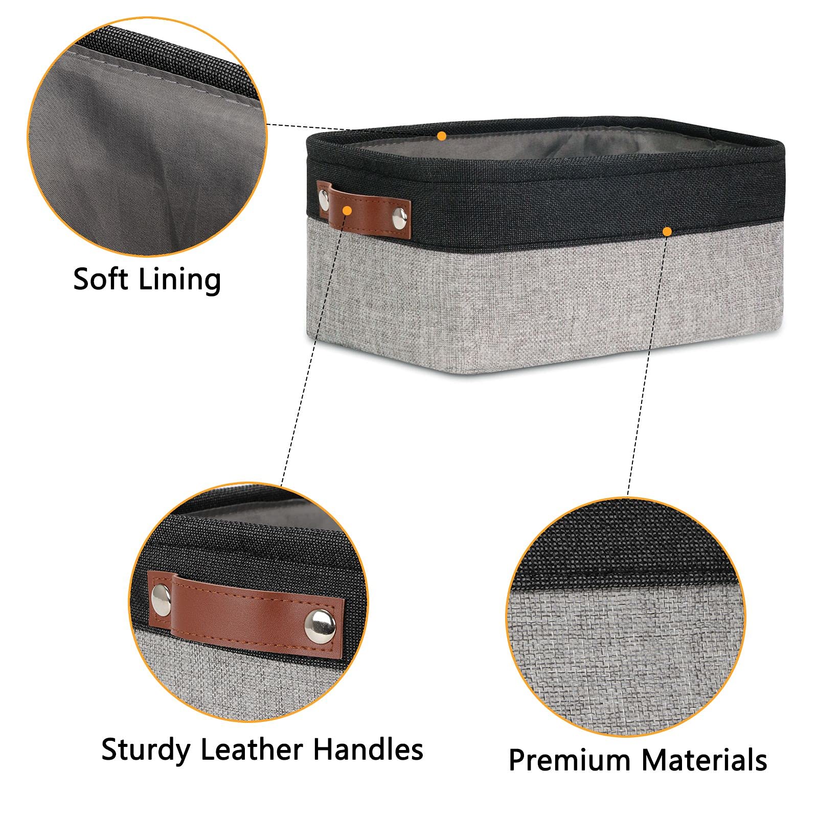 DULLEMELO Small Fabric Storage Bins - Collapsible Rectangular Baskets for Shelves & Closets (6-Pack, Black&Gray) - Perfect for Home, Office & Nursery Organization