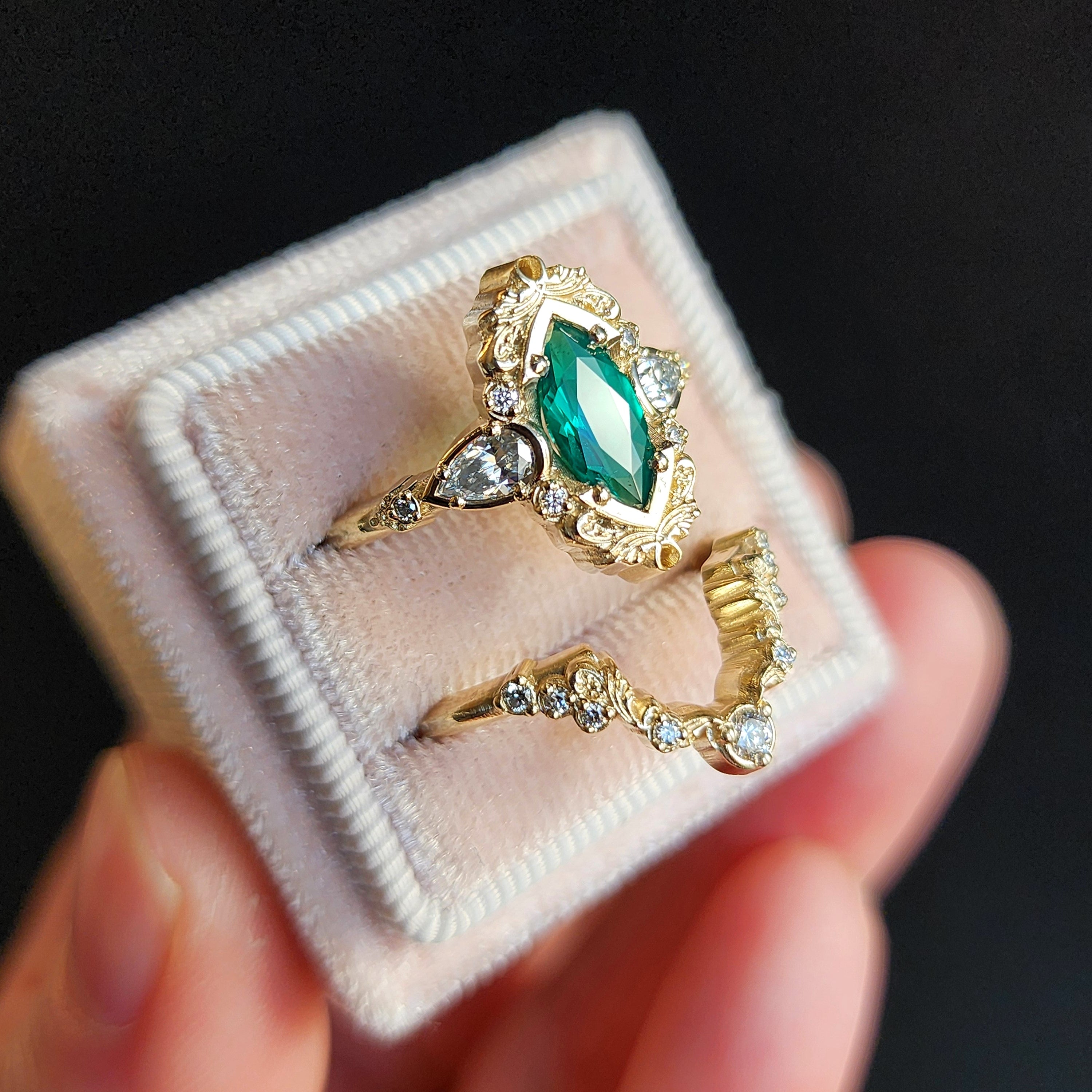 14K Gold Emerald Odette Chatham Marquise Engagement Ring Set with Scrolling Filigree Details - Handcrafted Wedding Band Set, Choose Your Gemstone - Perfect for Proposals, Anniversaries & Bridal Jewelry