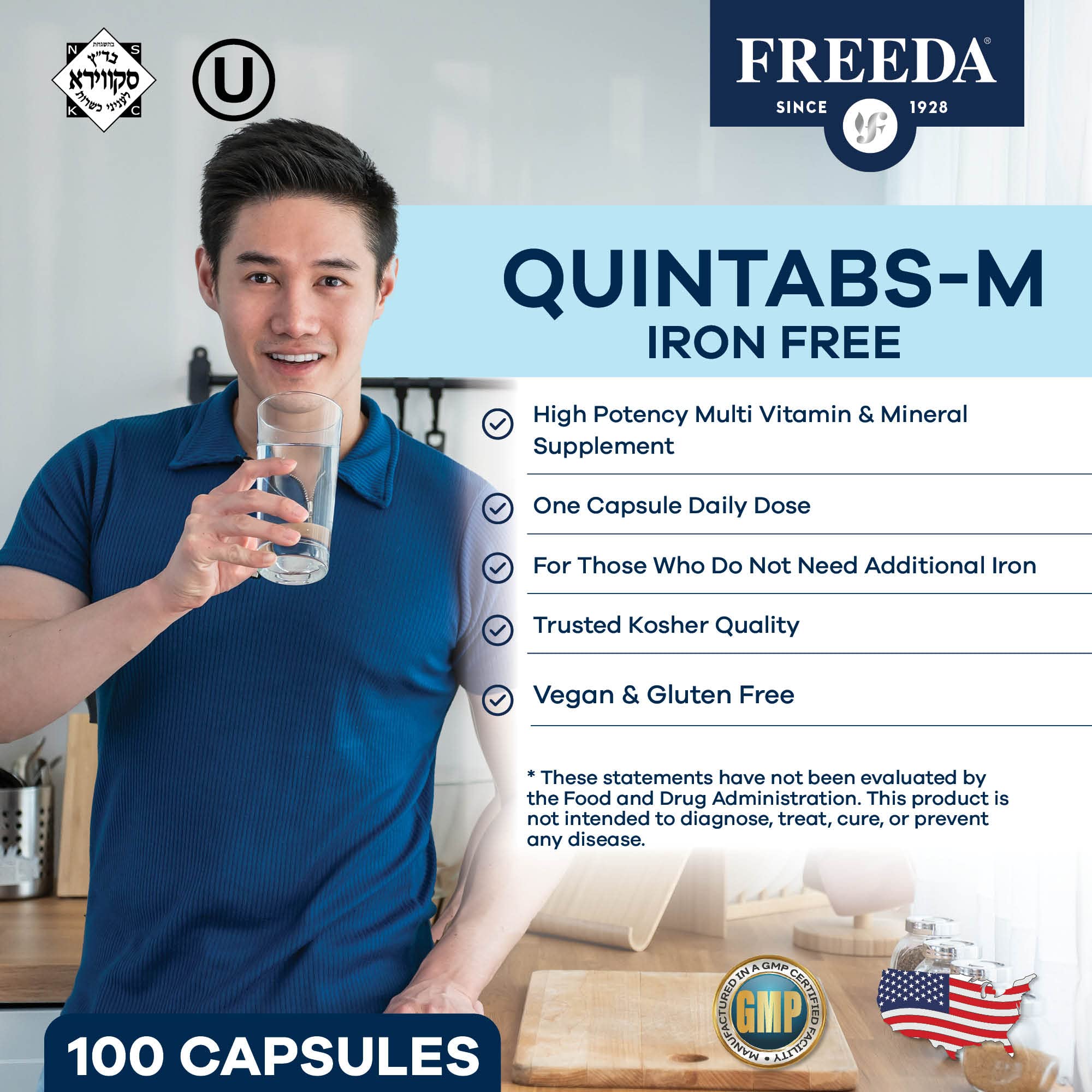 FREEDA One Daily Multivitamin Without Iron - Kosher Certified Iron-Free Multivitamin Supplement for Adults, Men & Women - 100 Capsules - Supports Energy, Immunity & Overall Health for Busy Lifestyles