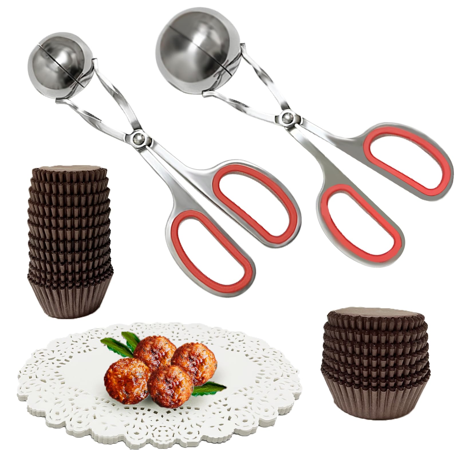 502Packs Non-Stick Meatball Maker Set - 2Pcs Meat Baller Tongs & Cake Pop Roller Tool with 100Pcs Lace Paper Doilies & 400Pcs Cupcake Liners - Perfect for Homemade Meatballs, Cake Pops, Party Food Prep & Baking Accessories
