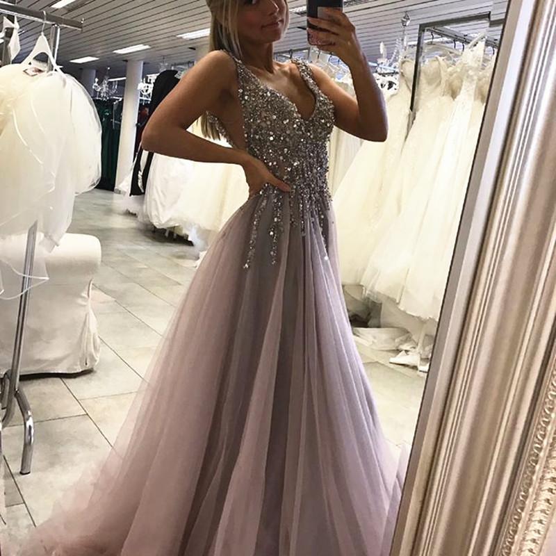 Elegant Deep V Neck Long Tulle Prom Dress with Sequins & Beads - Perfect for Evening Gala, Homecoming, and Formal Events