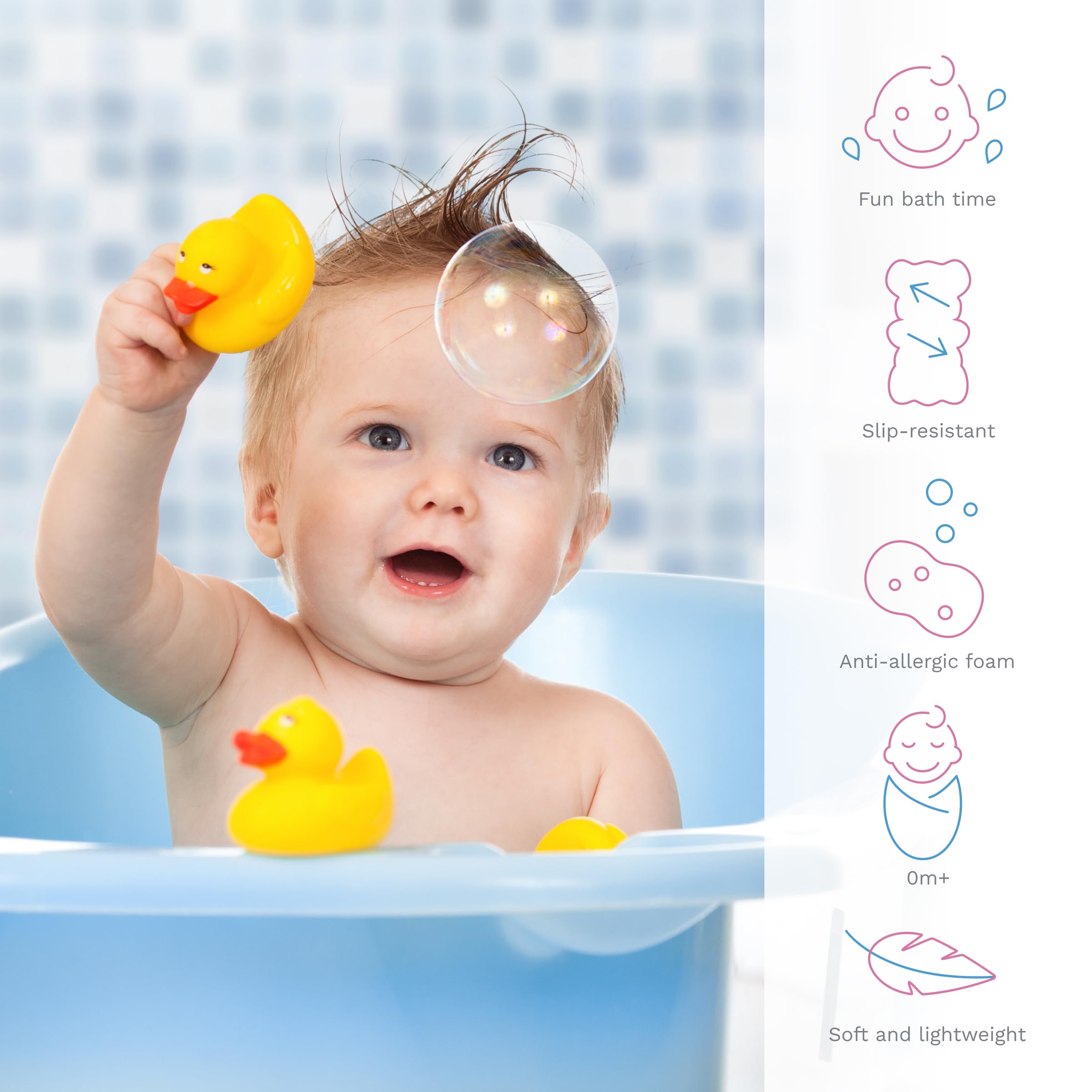 Baby Bathtub Sponge Mat - Support for Infants up to 6kg & 60cm (Blue) - Safe Bathing Aid