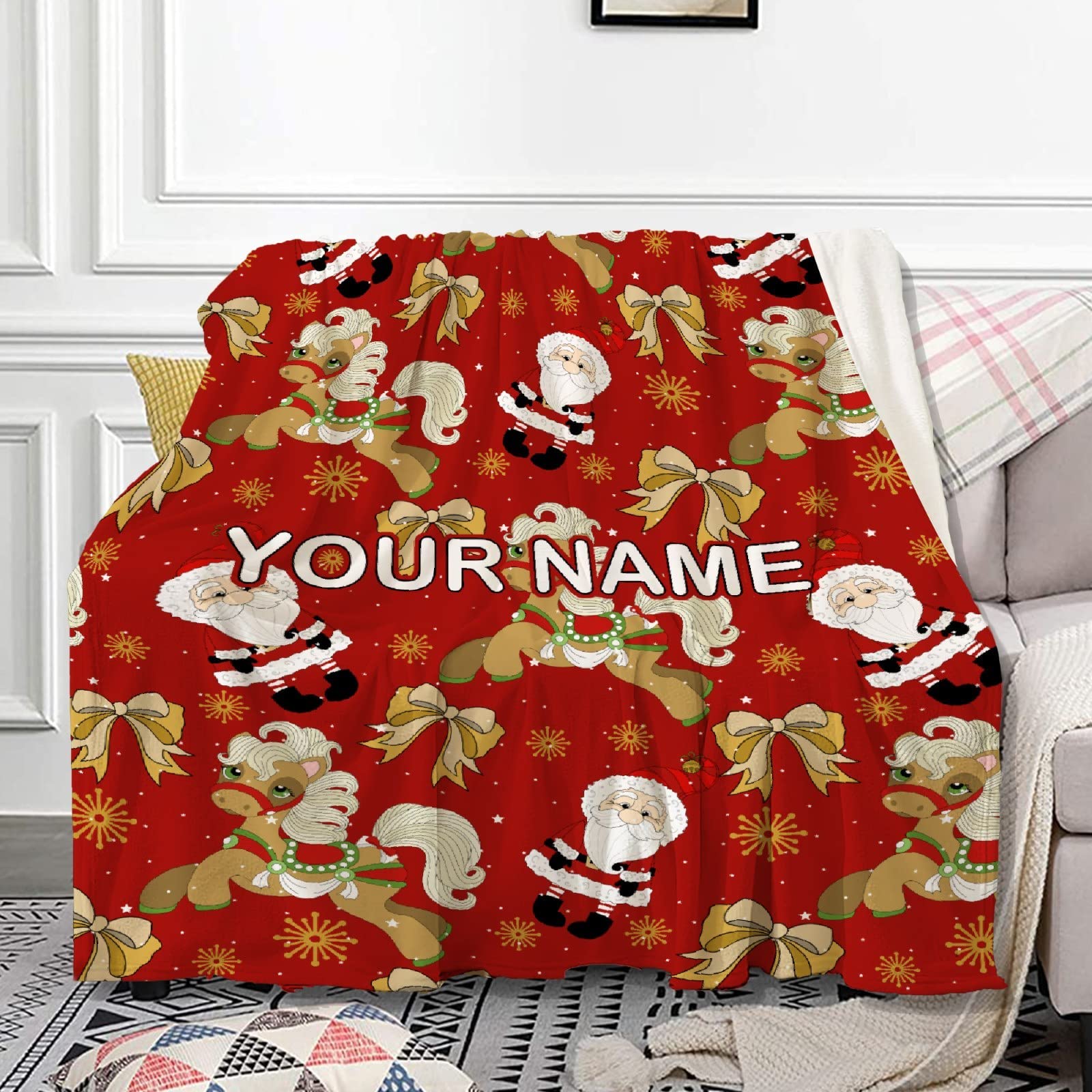 PEEKSTAR Personalized Horse Christmas Throw Blanket - Custom Text Name Fleece Blanket for Camping, Travel, Couch & Bedroom - Cozy Holiday Decor Gift