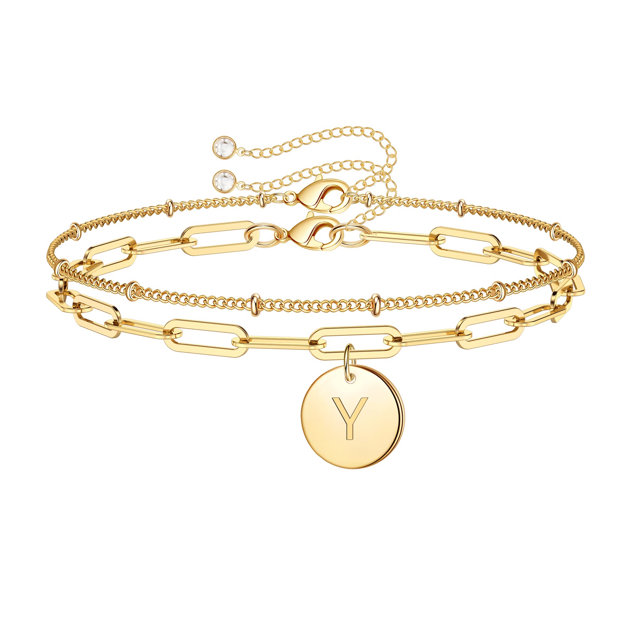14K Gold Plated Initial Letter Bracelet for Women - Dainty Paperclip Link Chain Layered Bracelet with Coin Charm, Elegant Jewelry Gift for Her | Perfect for Everyday Wear, Date Nights & Special Occasions